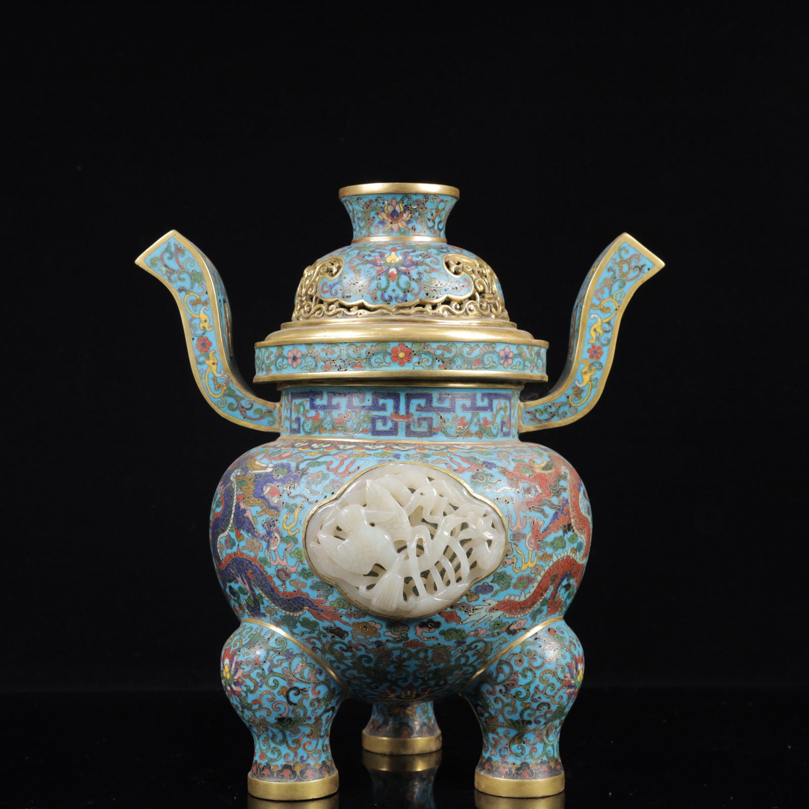 An Exquisite Cloisonne Inlaid White Jade Dragon Pattern Tripod Censer: An Exquisite Cloisonne Inlaid White Jade Dragon Pattern Tripod Censer,Qing Dynasty, China,Qianlong Four-character Mark,Size:10.6inx9.4inx7.9in,Weight:3450g 景泰蓝嵌白