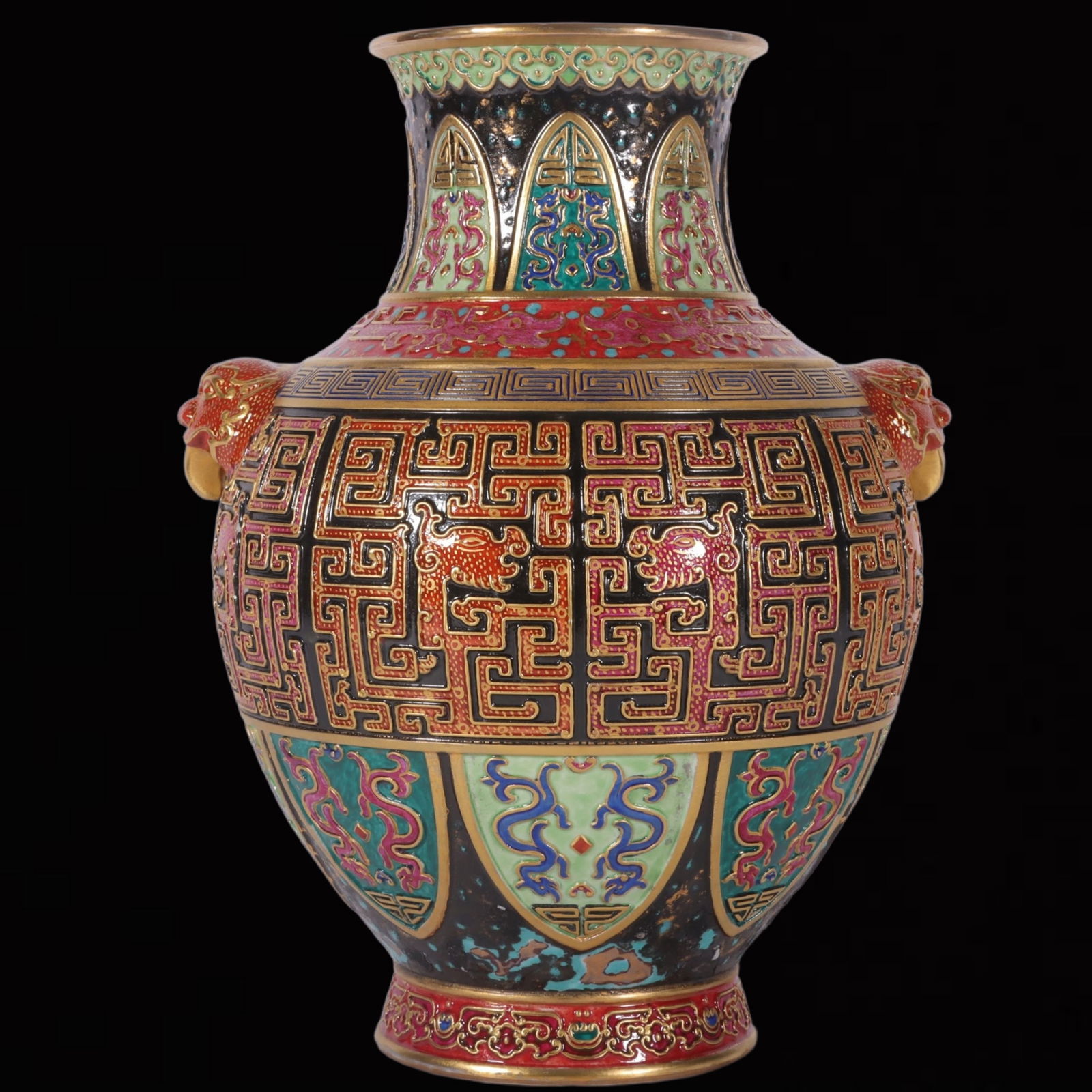 An Exquisite Bronze Glazed Painted Gold Dragon Pattern Lion-Ears Vase: An Exquisite Bronze Glazed Painted Gold Dragon Pattern Lion-Ears Vase,Qing Dynasty, China,Qianlong Six-character Mark,Size:8.7inx5.9in, 古铜彩描金龙纹狮