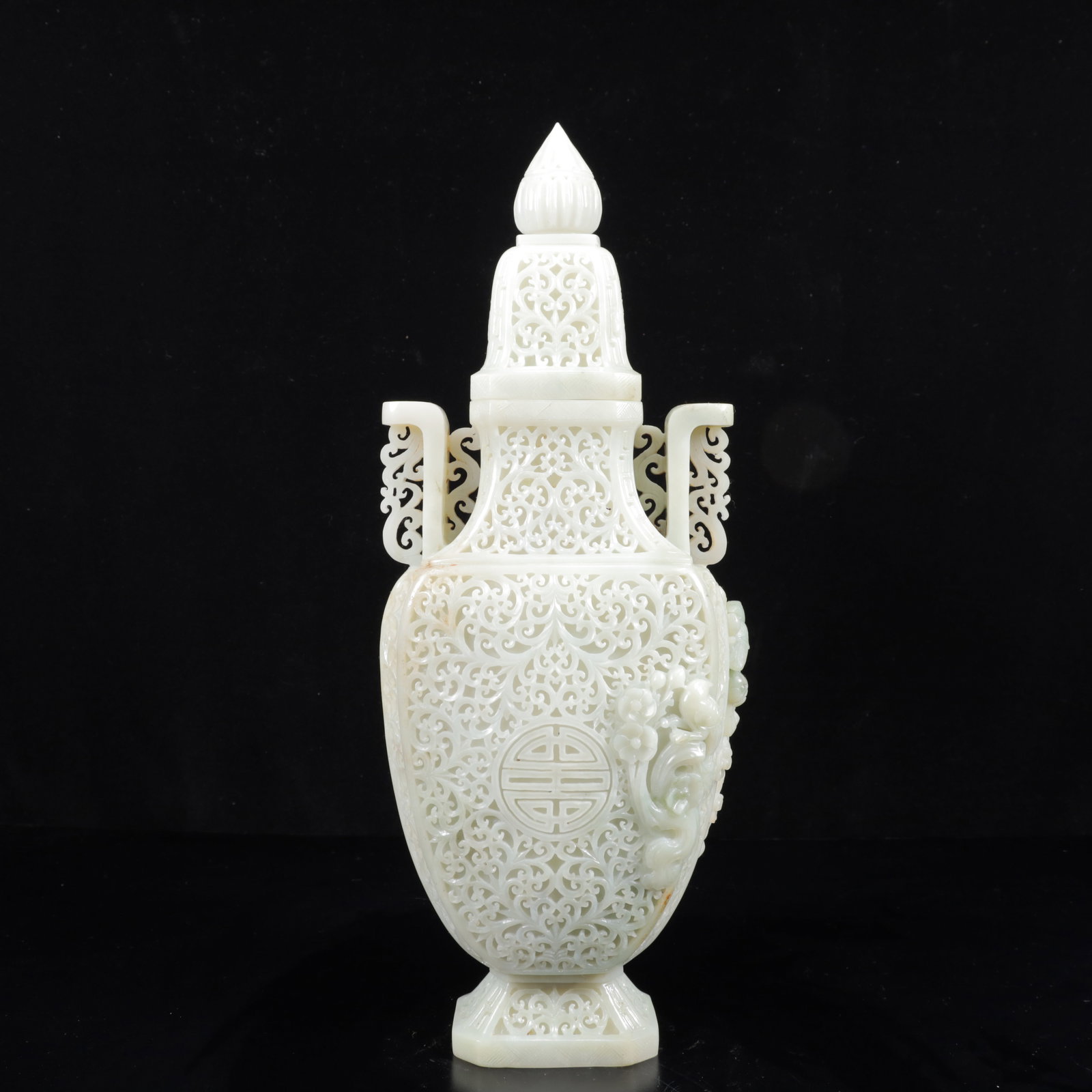 An Exquisite White Jade Lotus Pattern Double-Ears Bottle: An Exquisite White Jade Lotus Pattern Double-Ears Bottle,Qing Dynasty,China,Size:5.5inx2.8inx15in,Weight:3350g 白玉缠枝莲纹双耳瓶带盖,