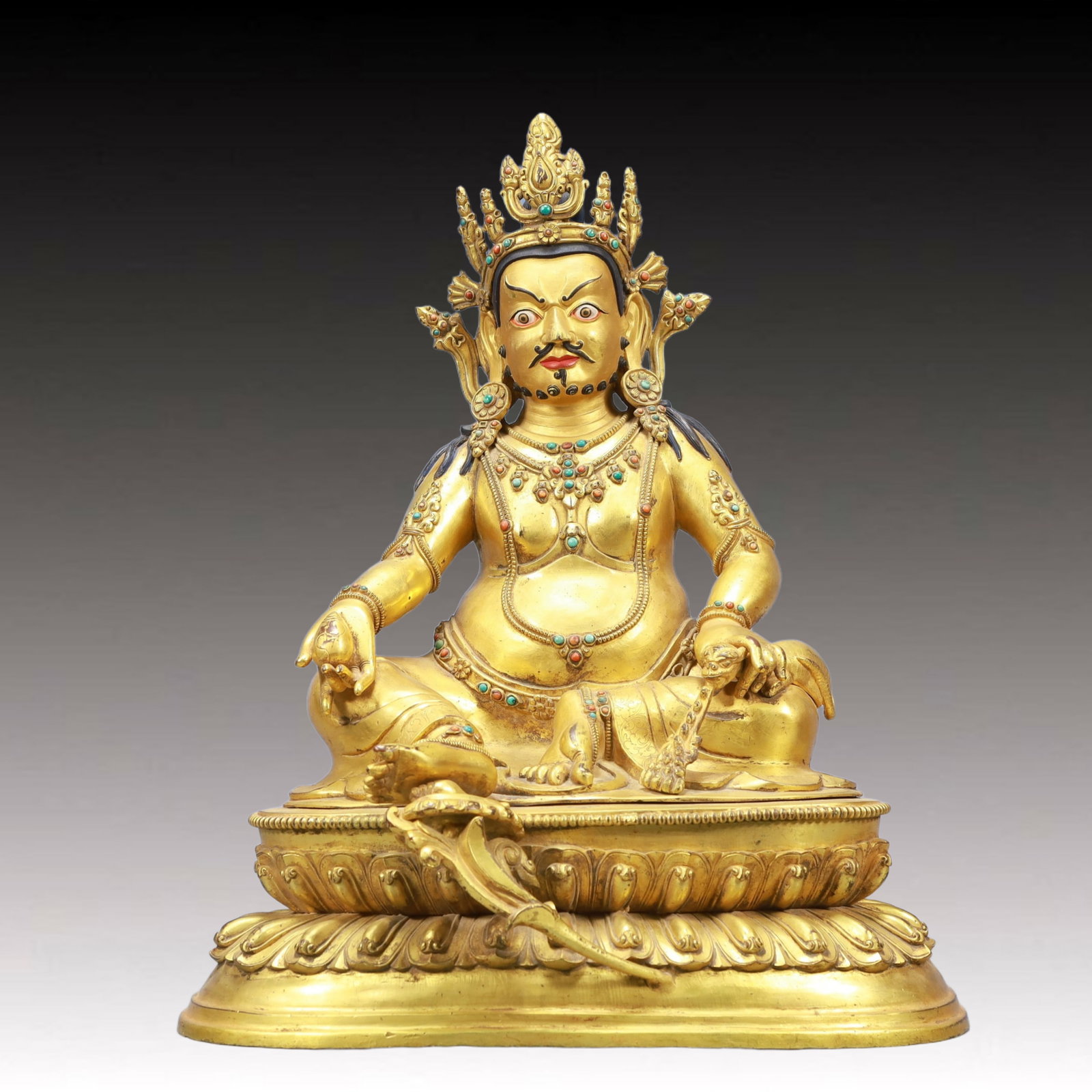 A Solemn Gilt Bronze Inlaid Gems Statue of Mammon: A Solemn Gilt Bronze Inlaid Gems Statue of Mammon,Ming Dynasty, China,Size:15inx10.6inx18.9in Weight:15600g 