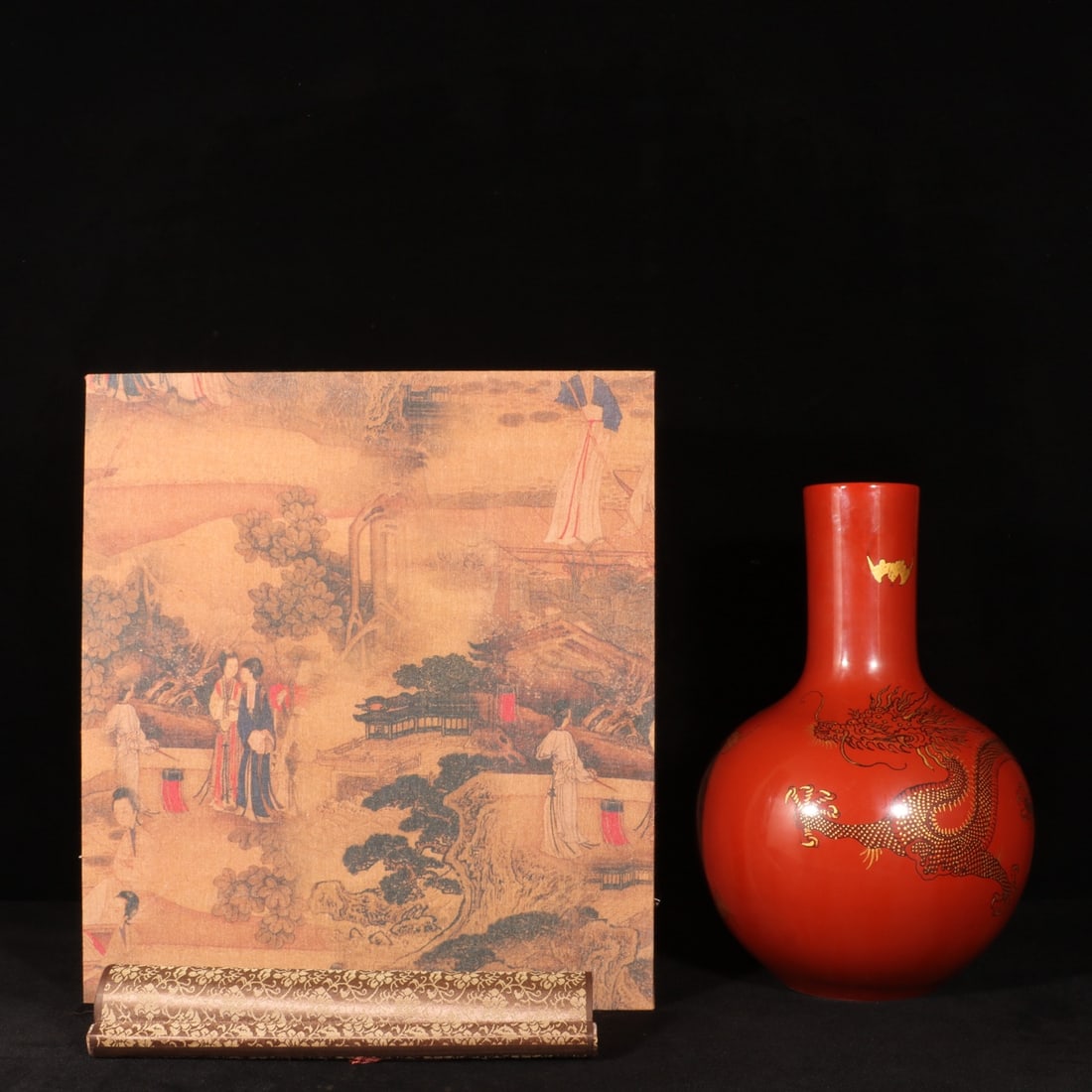 An Exquisite Red Glazed Painted Gold Dragon Pattern Vase: An Exquisite Red Glazed Painted Gold Dragon Pattern Vase,with Chinese Vertical Scroll Ink Painting on Silk,Qing Dynasty,China,Yongzheng Six-character Mark,Size:13.8inx8.7in 红釉描