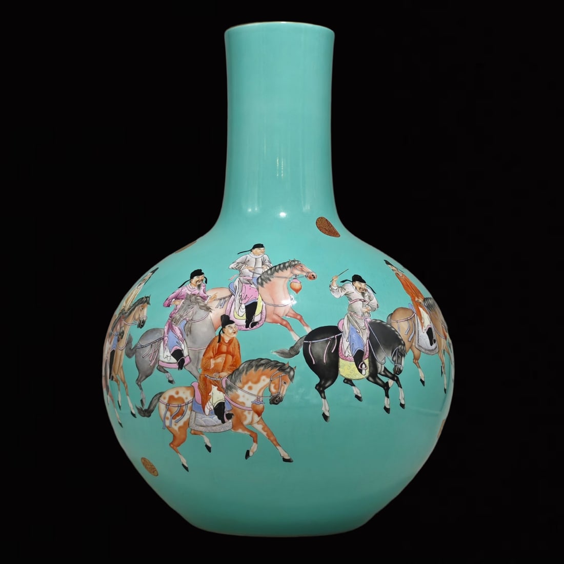 An Exquisite Turquoise Glazed Figure Riding Horse Pattern Vase: An Exquisite Turquoise Glazed Figure Riding Horse Pattern Vase,Qing Dynasty,China,Qianlong Six-character Mark,Size:22inx15.4in 松石绿釉人物骑马纹&