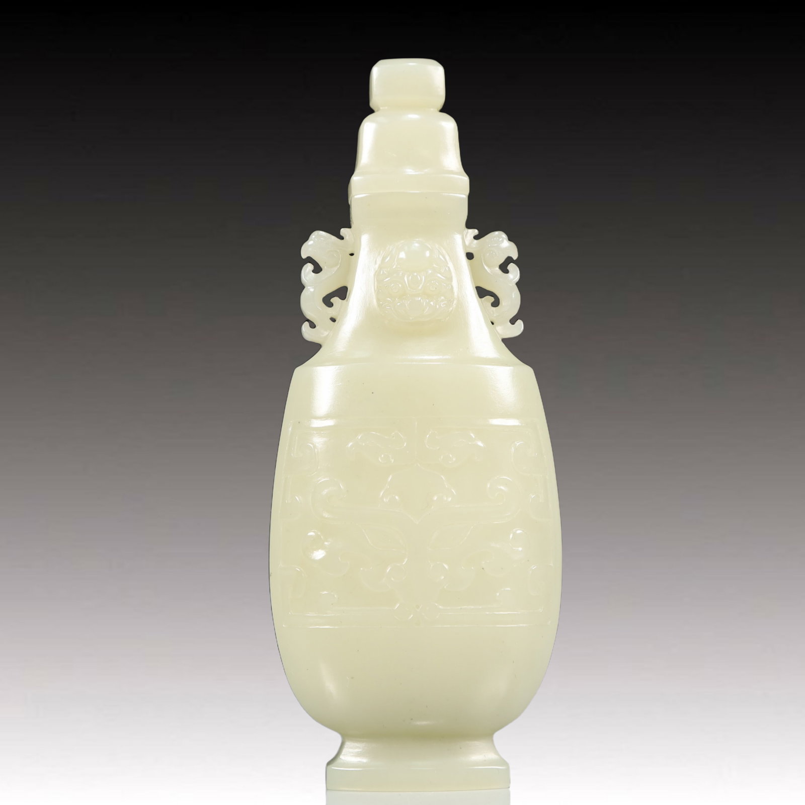 An Exquisite White Jade Beast-Face Pattern Double-Ears Bottle - 6