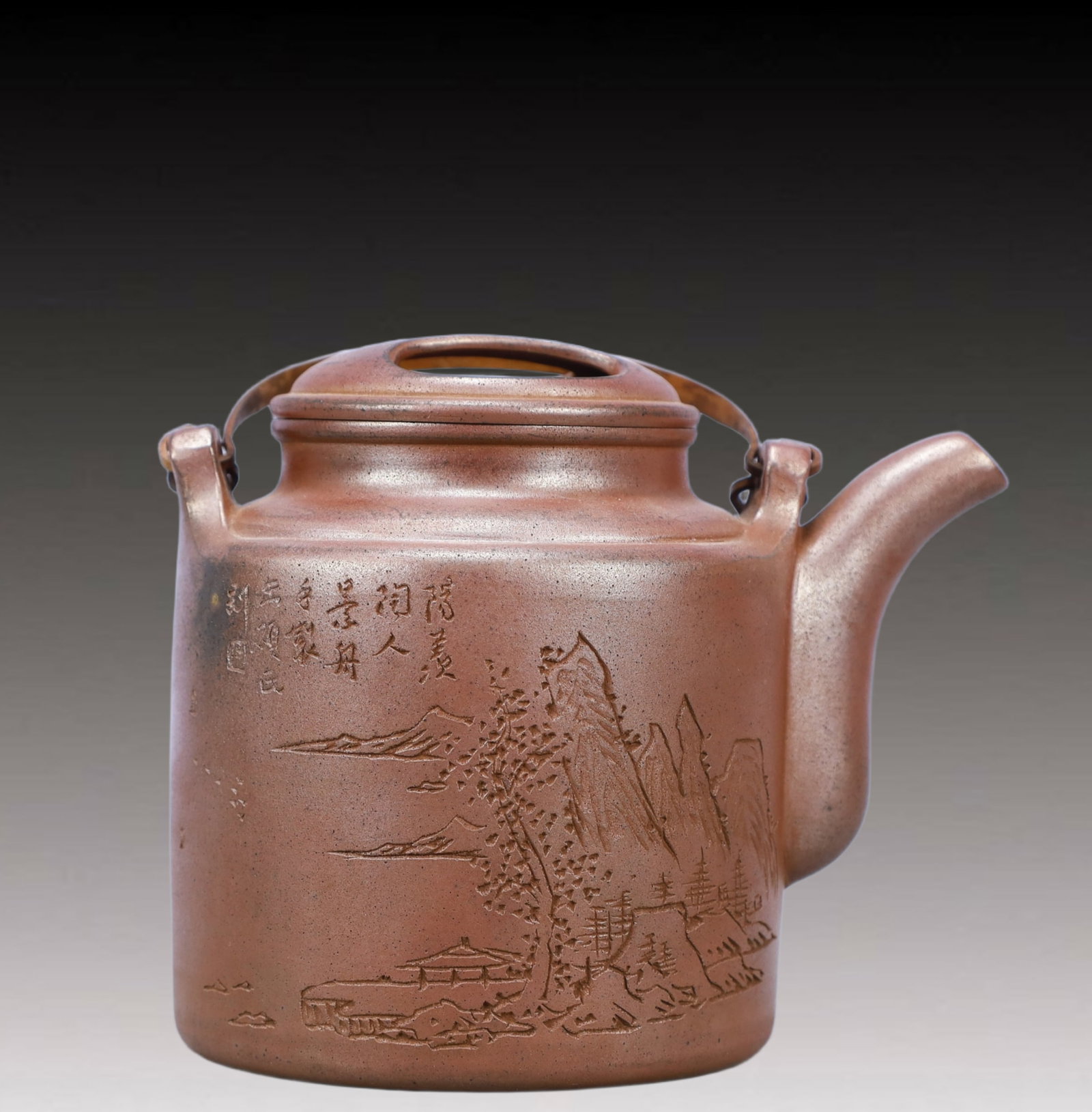 A Rare Purple Sands Landscape Pattern Teapot: A Rare Purple Sands Landscape Pattern Teapot,With Mark,Size:5.9inx3.9inx6.3in Weight:500g 紫砂山水纹壶,带款