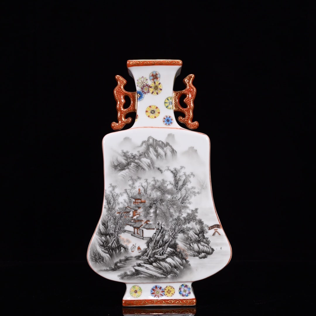 An Exquisite Ink Color Landscape and Figure Pattern Double-Ears Vase: An Exquisite Ink Color Landscape and Figure Pattern Double-Ears Vase,Qing Dynasty,China,Qianlong Four-character Mark,Size:11.4inx6.7in 