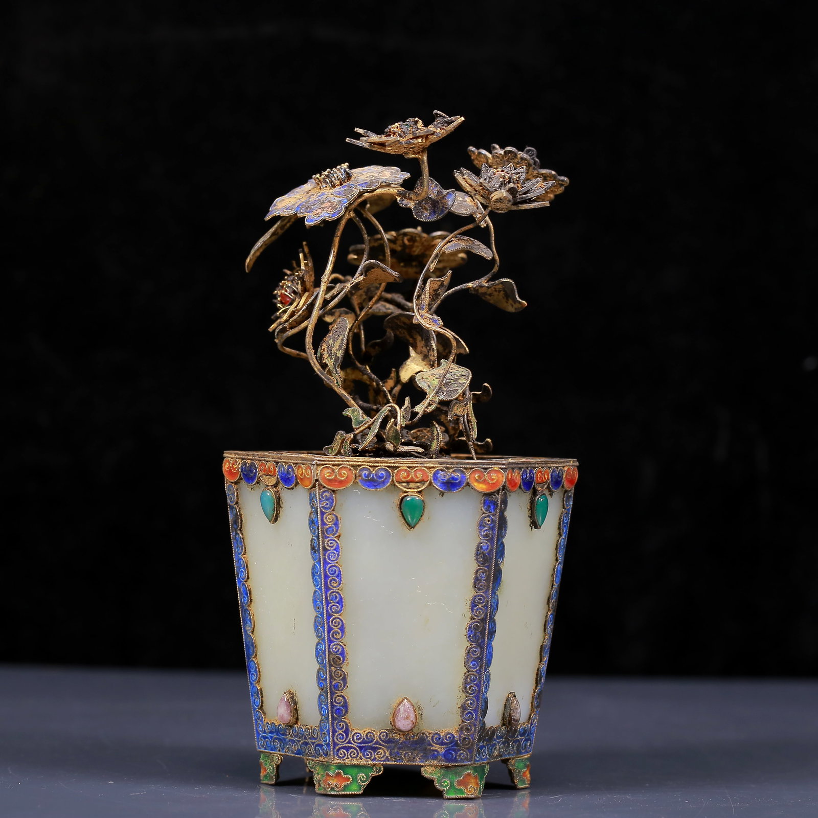 An Exquisite White Jade Covered silver-gilt Flower Bonsai, Inlaid Turquoise: An Exquisite White Jade Covered silver-gilt Flower Bonsai, Inlaid Turquoise, Qing Dynasty, China,Qianlong Four-character Mark,Size: 3.9inx7.1in,Weight:550g 白玉包银鎏%
