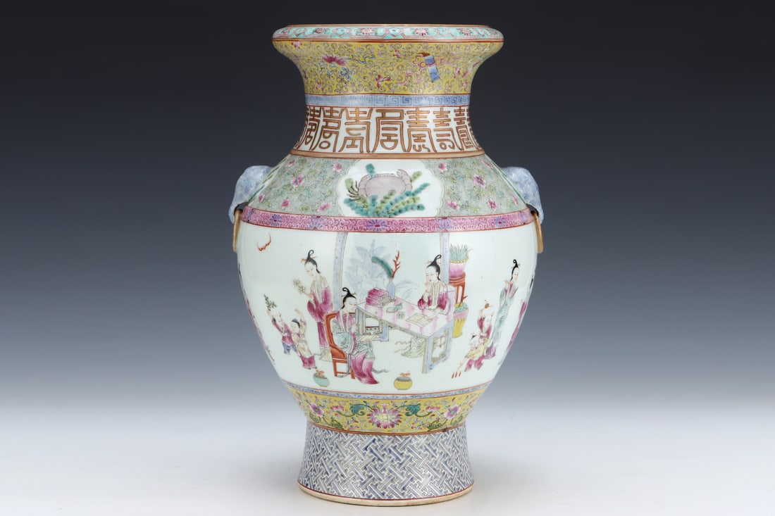 An Exquisite Famille-Rose Character and Story Pattern Beast-Ears Vase: An Exquisite Famille-Rose Character and Story Pattern Beast-Ears Vase,Qing Dynasty, China,Qianlong Six-character Mark,Size:14.8inx10in 