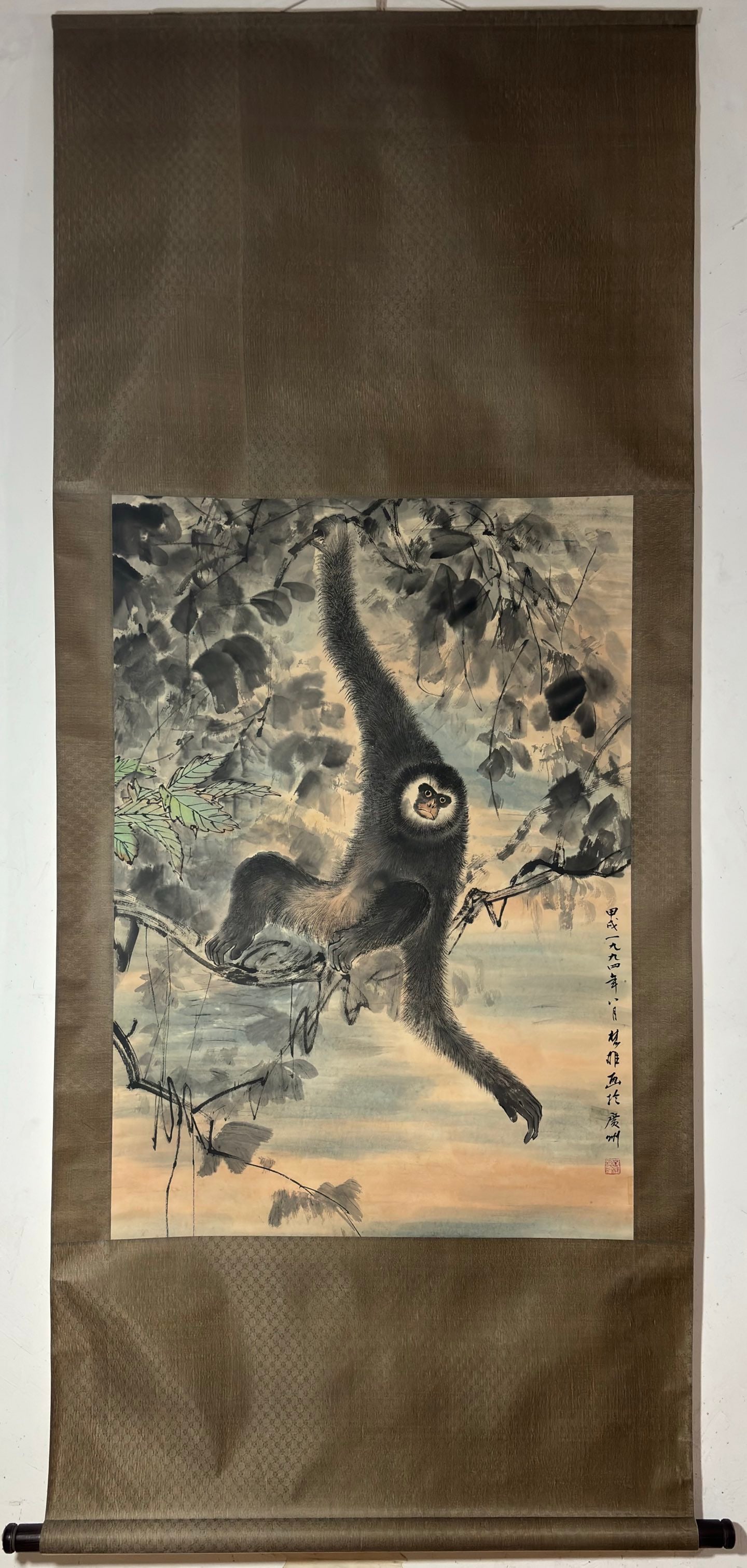 A Chinese Vertical Scroll Ink Painting of Monkey on Paper: A Chinese Vertical Scroll Ink Painting of Monkey on Paper,Square Chu Xiong,Size:38inx26.8in 一幅中国水墨灵猴画立轴,方楚