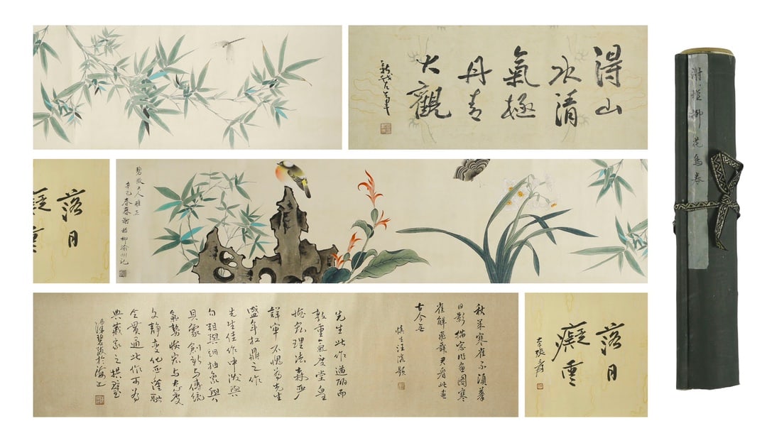 A Chinese Hand Scroll Ink Painting of Flower and Bird on Paper: A Chinese Hand Scroll Ink Painting of Flower and Bird on Paper,Xie Zhiliu,Size:80.7inx12.2in 一幅中国水墨花鸟画手卷,谢稚&#