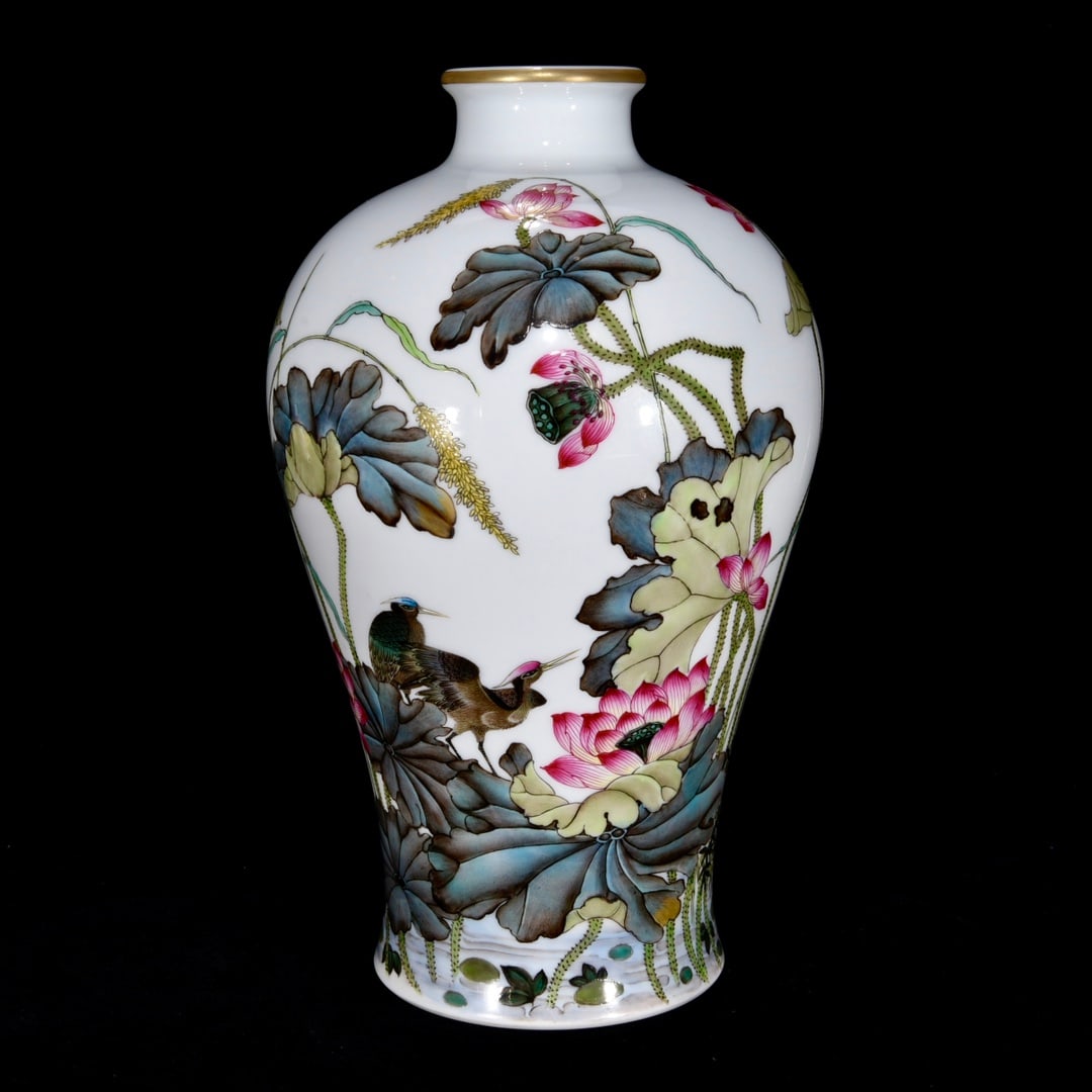 A Rare Famille-Rose Flower and Bird Pattern Vase,with Poem: A Rare Famille-Rose Flower and Bird Pattern Vase,with Poem,Qing Dynasty,China,Yongzheng Six-Character Mark,Size:12.6inx7.5in 
