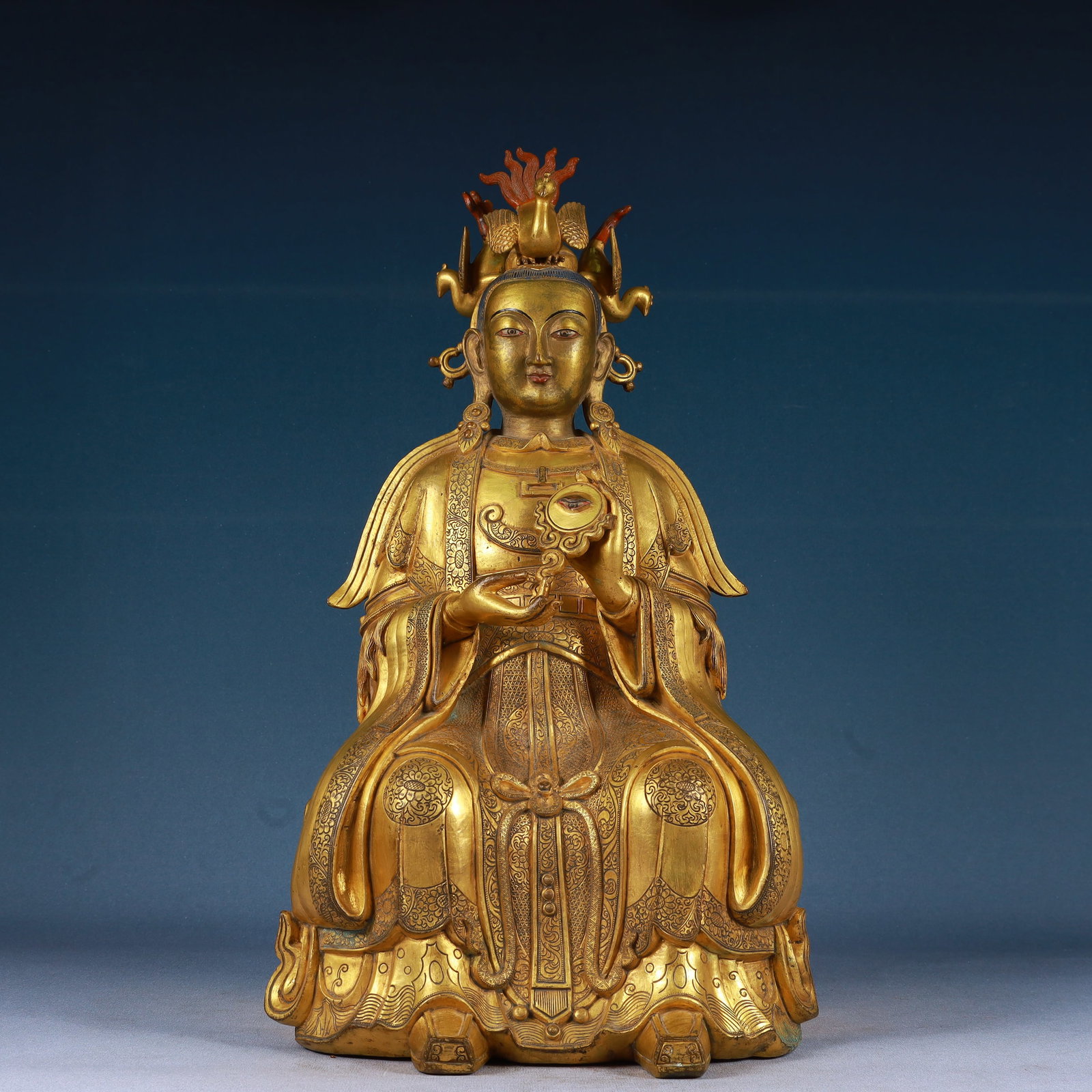 A Solemn Gilt Bronze Statue of Gautama’s Mother: A Solemn Gilt Bronze Statue of Gautama’s Mother,Qing Dynasty, China,Size:10.6inx7.1inx18.5in,Weight:12200g 铜鎏金佛母像,中国清代