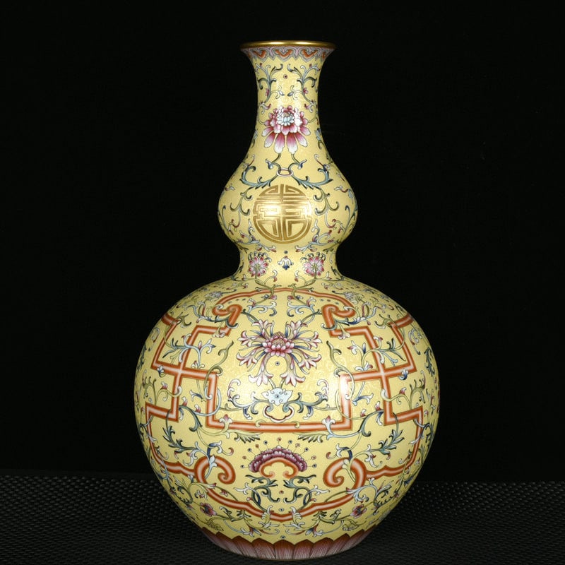 A Rare Yellow Ground Enamel Painted Gold Lotus Pattern Gourd-Shaped Vase: A Rare Yellow Ground Enamel Painted Gold Lotus Pattern Gourd-Shaped Vase,Qing Dynasty,China,Qianlong Six-Character Mark,Size:15.6inx9.8in 