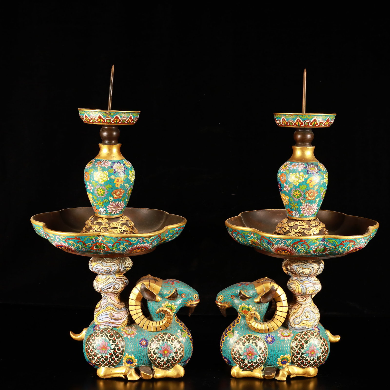 A Pair of Huge Cloisonne Flower Pattern Sheep-Shaped Candlestick: A Pair of Huge Cloisonne Flower Pattern Sheep-Shaped Candlestick,(A type of enamelware with metal wires separating colored glaze, originating in China),Qing