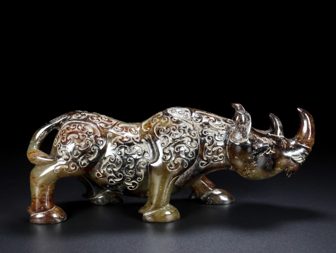 An Archaic Gaogu yu Rhinoceros Ornament: An Archaic Gaogu yu Rhinoceros Ornament,Ancient Time, China, Size:10.2inx3.1inx3.9in, Weight:1958g 