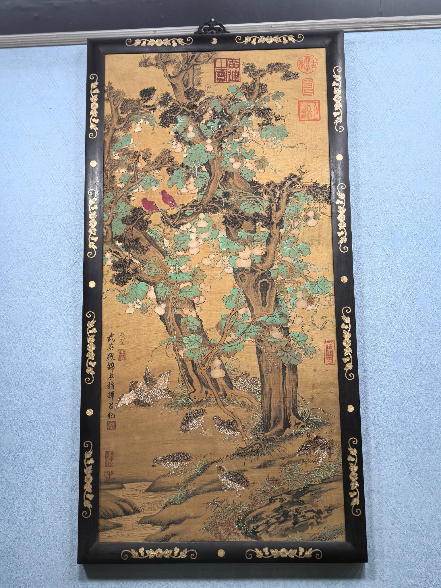 A Chinese Ink Painting of Flower and Bird on Silk with Frame: A Chinese Ink Painting of Flower and Bird on Silk with Frame,Lv Ji,Size:19.9inx42.5in 一幅中国水墨绢本花鸟画带画框,&