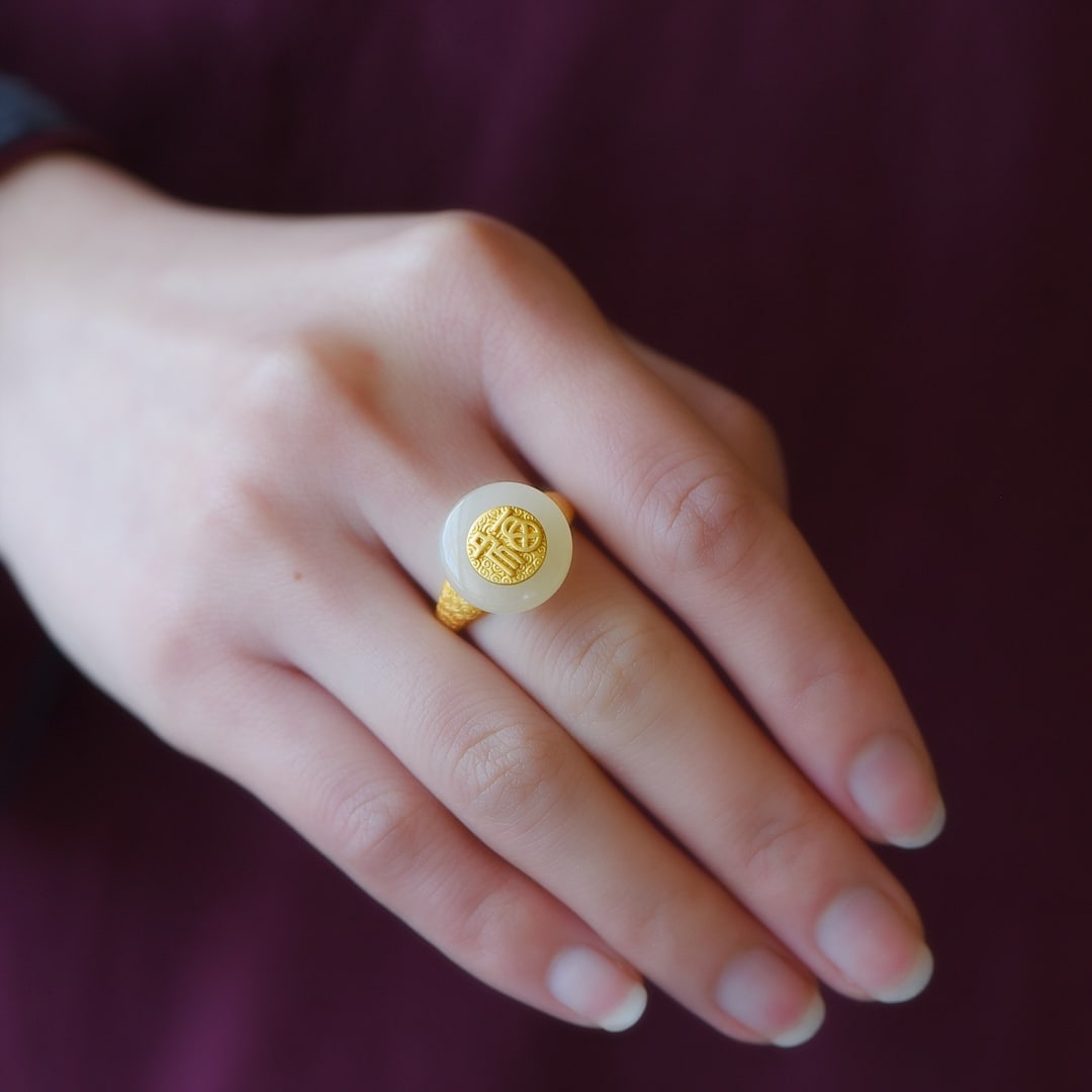 An Exquisite Sterling Silver-Gold Plated Inlaid White Jade Ring: An Exquisite Sterling Silver-Gold Plated Inlaid White Jade Ring,Size:0.6inx0.6in 纯银镀金镶白玉戒指