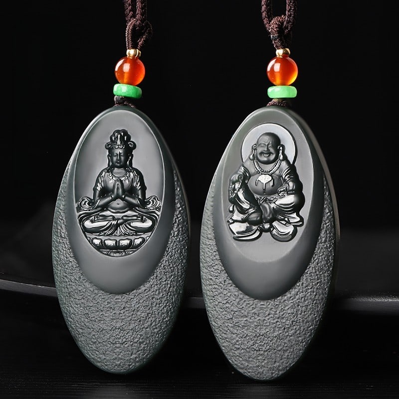 A Pair of Exquisite Cyan jade Buddha Statue Pendants: A Pair of Exquisite Cyan jade Buddha Statue Pendants,Size:2.2inx1.1inx2.3in 一对青玉佛像挂件