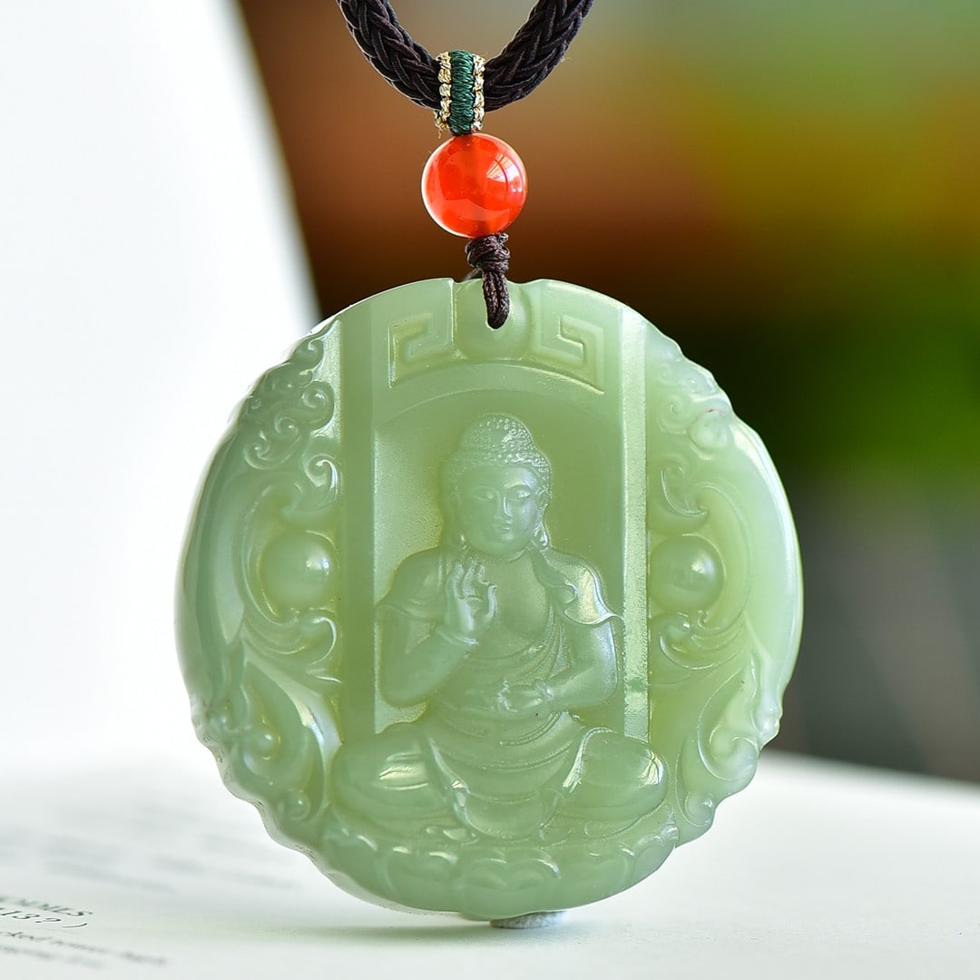 An Exquisite Greenish Jade Statue of Sakyamuni Pendant: An Exquisite Greenish Jade Statue of Sakyamuni Pendant,Size:2inx2in 青玉如来像挂件
