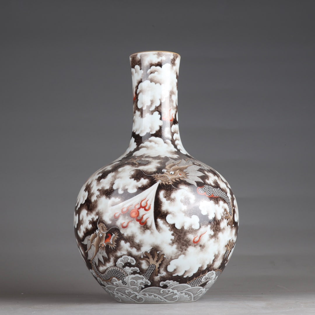 An Exquisite Ink Color Painted Gold Seawater and Dragon Pattern Vase: An Exquisite Ink Color Painted Gold Seawater and Dragon Pattern Vase,Qing Dynasty,China,Qianlong Six-character Mark,Size:12.4inx8.3in 