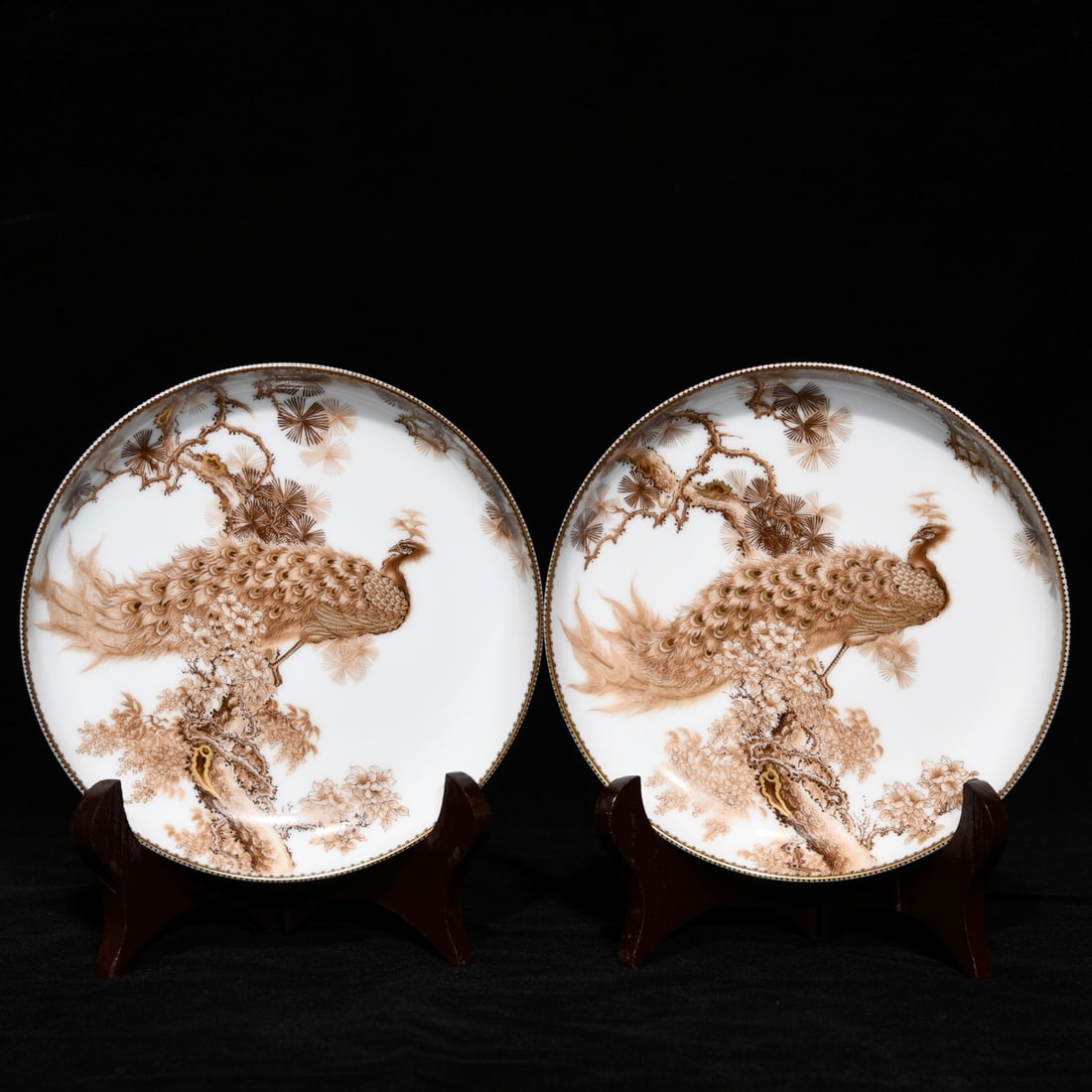 A Pair of Exquisite Ink Color Flower and Peacock Pattern Plates: A Pair of Exquisite Ink Color Flower and Peacock Pattern Plates,Qing Dynasty,China,Yongzheng Four-character Mark,Size:1.3inx5.5in 