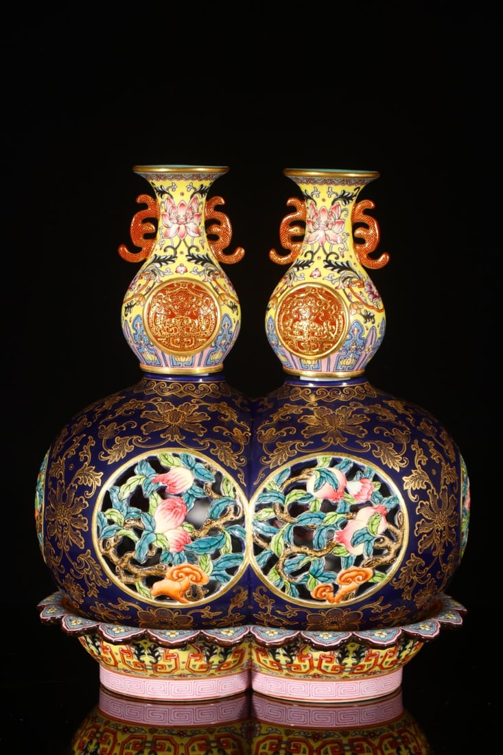 A Rare Ji Blue Glazed Enamel Painted Gold Lotus Pattern Conjoined bottles: A Rare Ji Blue Glazed Enamel Painted Gold Lotus Pattern Conjoined bottles,Qing Dynasty,China,Qianlong Six-character Mark,Size:12inx2.2in 