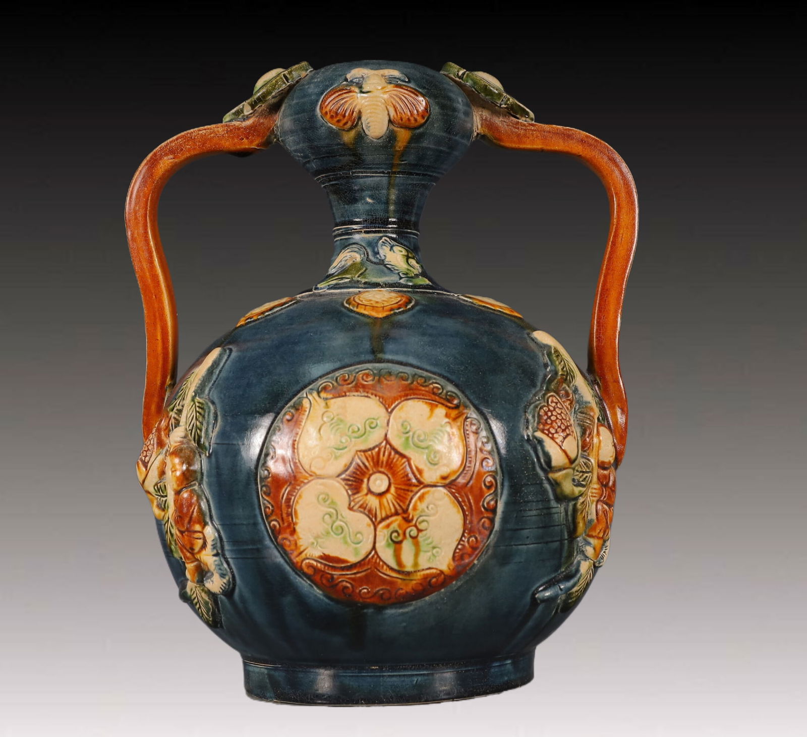 An Exquisite Tang Tri-Color Glazed Pottery Character and Story Pattern Double-Ears Vase (1 of 12)