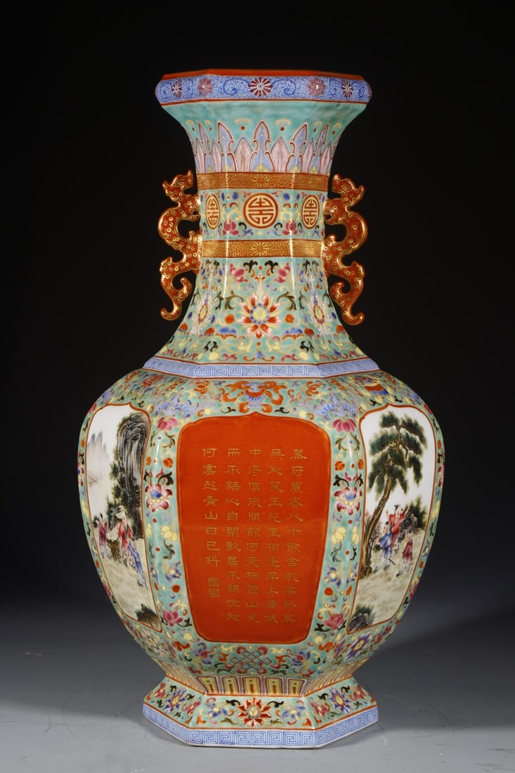 A Huge Enamel Character and Story Pattern Double-Ears Vase,with poem: A Huge Enamel Character and Story Pattern Double-Ears Vase,with poem,Qing Dynasty,China,Qianlong Four-character Mark,Size:17.7inx5.9in 