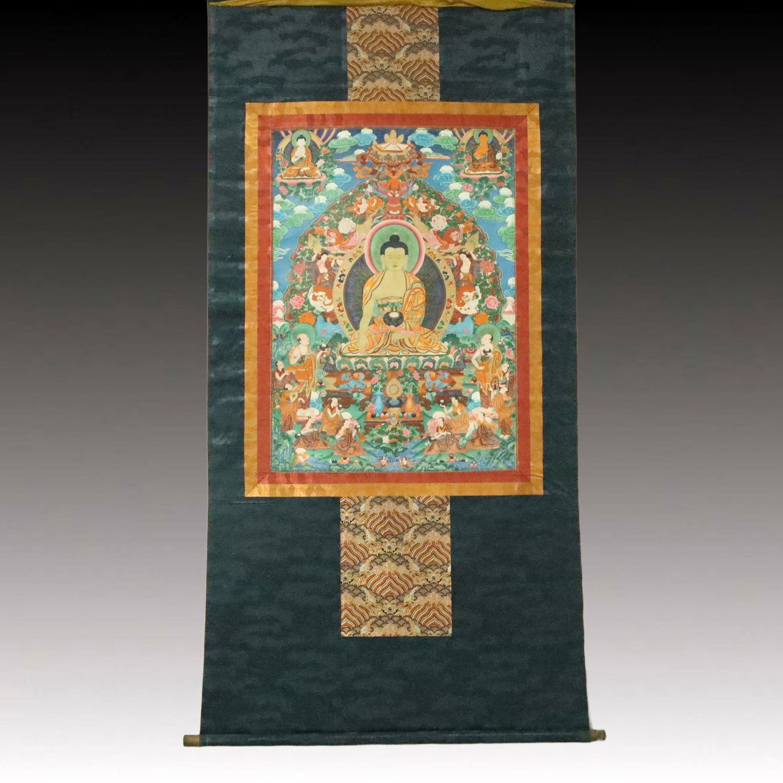 A Rare Brocade Painted Color Statue of Sakyamuni Tangka: A Rare Brocade Painted Color Statue of Sakyamuni Tangka,Qing Dynasty, China,Size:31.9inx63in 