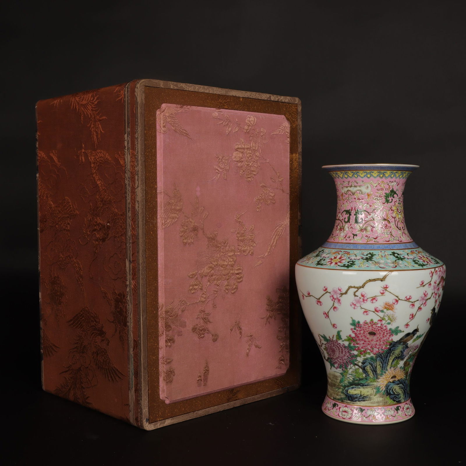A Rare Famille-Rose Flower and Bird Pattern Vase,with Poem: A Rare Famille-Rose Flower and Bird Pattern Vase,with Poem,Qing Dynasty,China,Qianlong Six-Character Mark,Size:12.2inx7.5in 