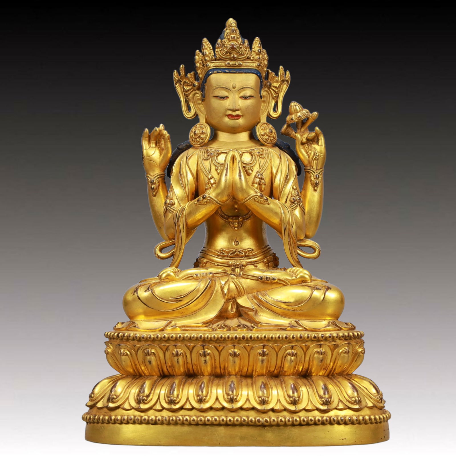 A Solemn Gilt Bronze Four-arms Statue of Avalokitesvara: A Solemn Gilt Bronze Four-arms Statue of Avalokitesvara,Ming Dynasty, China,Yongle Six-character Mark,Size:9.1inx5.5inx13.8in Weight:5850g 