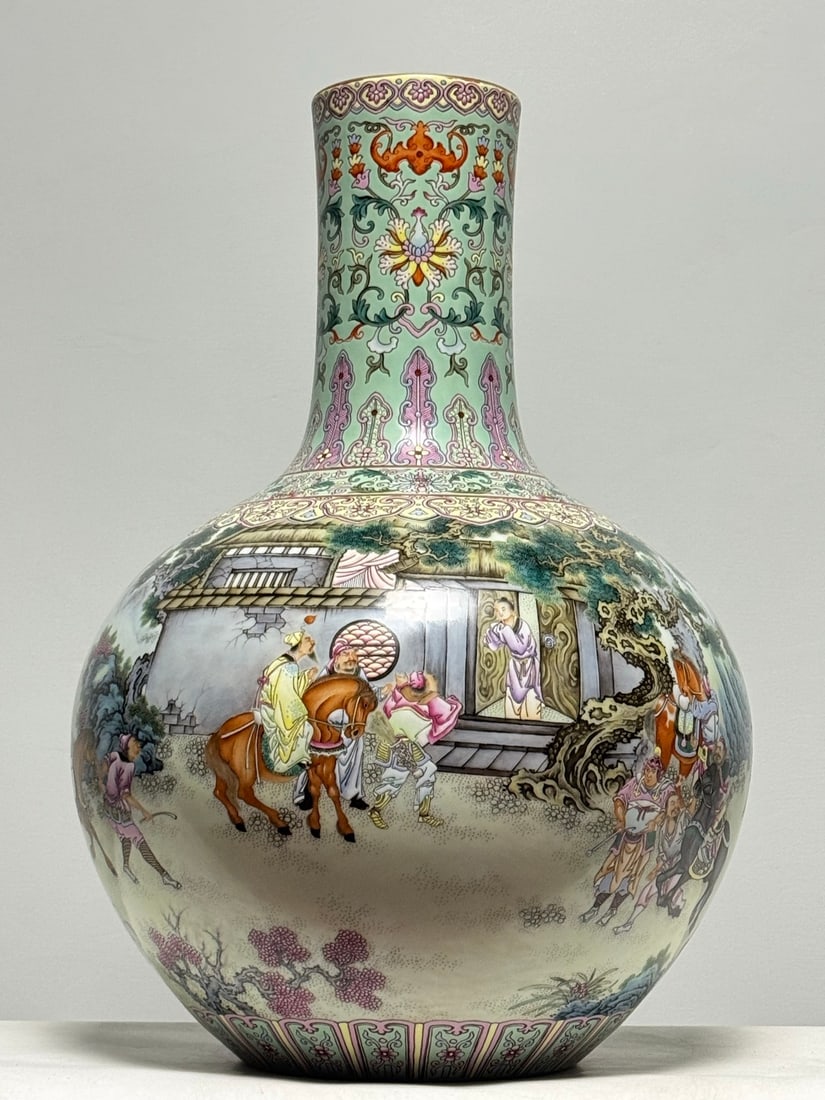 A Huge Famille-Rose Character and Story Pattern Vase,with poem: A Huge Famille-Rose Character and Story Pattern Vase,with poem,Qing Dynasty,China,Qianlong Six-character Mark,Size:21.7inx15.7in 