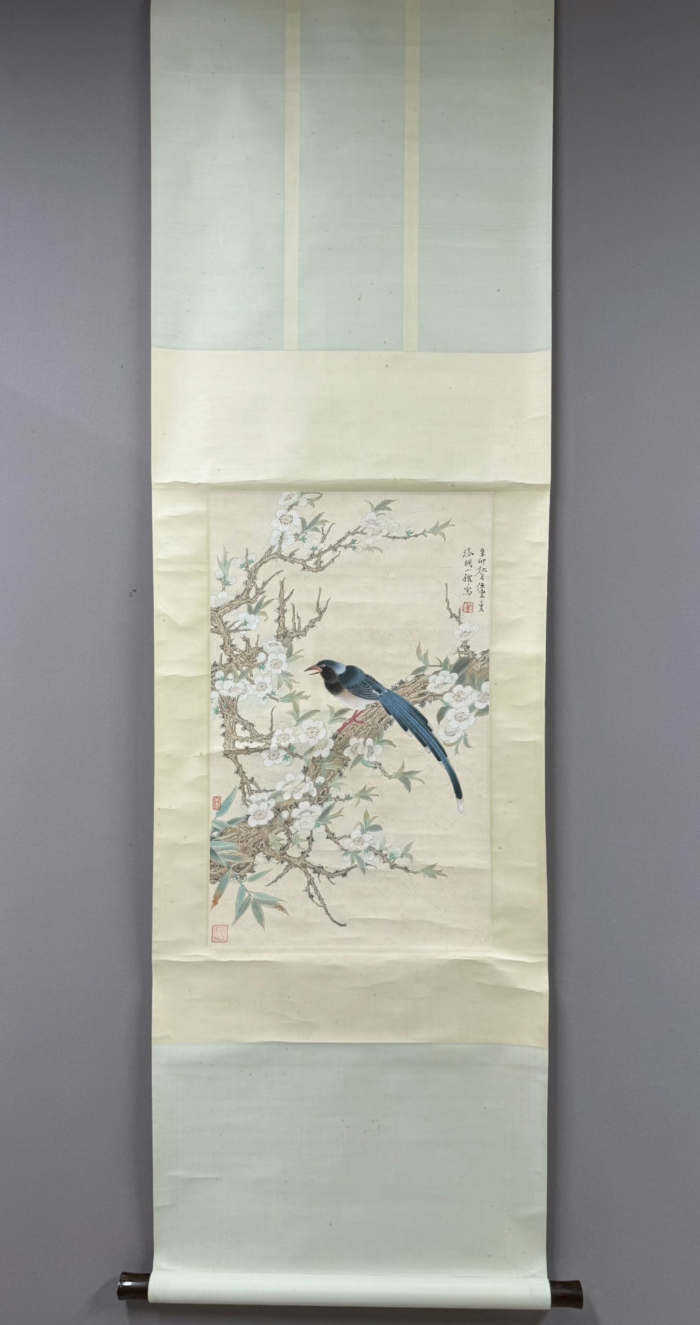A Chinese Vertical Scroll Ink Painting of Flower and Bird on Paper: A Chinese Vertical Scroll Ink Painting of Flower and Bird on Paper,Ren Zhong,Size:26inx15.7in 一幅中国水墨花鸟画立轴,任重