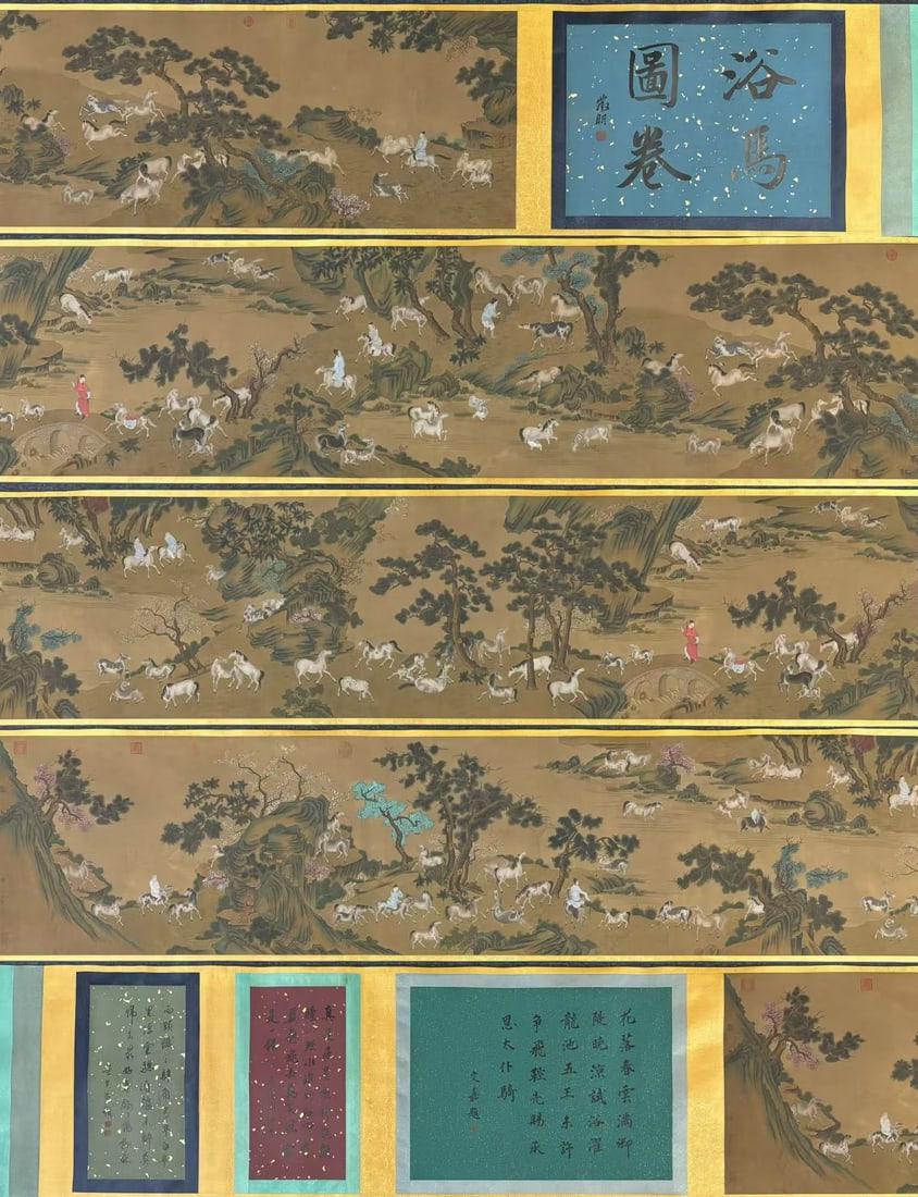 A Chinese Hand Scroll Ink Painting of Figure Riding Horse on Silk: A Chinese Hand Scroll Ink Painting of Figure Riding Horse on Silk,Chou Ying,Size:(entirety)402inx23.4in,(Without frame)247.6inx22in 