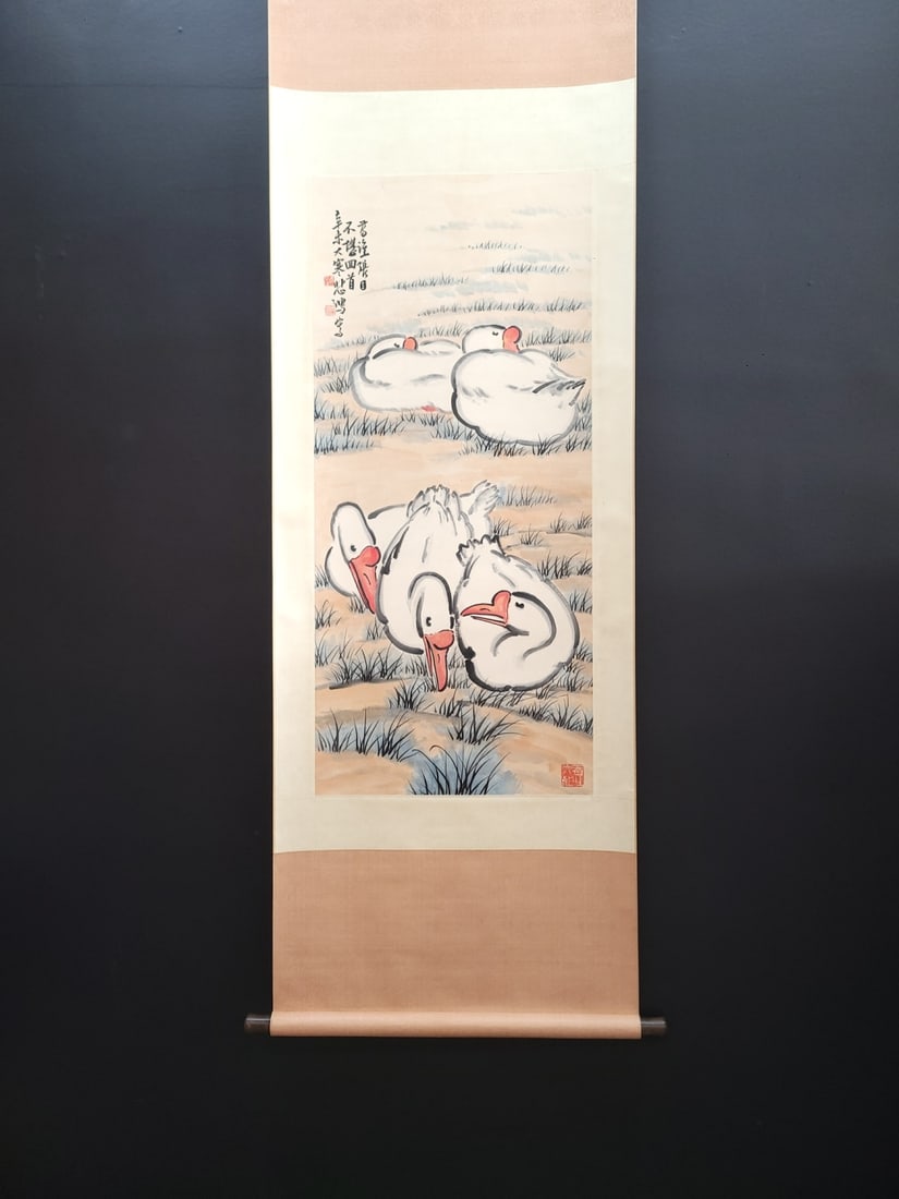 A Chinese Vertical Scroll Ink Painting of Goose on Paper: A Chinese Vertical Scroll Ink Painting of Goose on Paper,Xu Beihong,Size:19.5inx42.9in 一幅中国水墨鹅画立轴,徐悲鸿