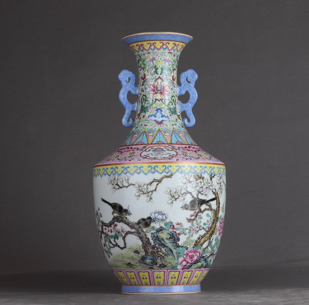 An Exquisite Famille-Rose Green Ground Flower and Bird Pattern Double-Ears Vase,with poem: An Exquisite Famille-Rose Green Ground Flower and Bird Pattern Double-Ears Vase,with poem,Qing Dynasty,China,Qianlong Six-character Mark,Size:12.7inx6.7in 