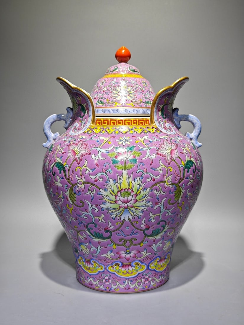 A Rare Purple Groud Enamel Lotus Pattern Double-Ears Jar with Cover: A Rare Purple Groud Enamel Lotus Pattern Double-Ears Jar with Cover,Qing Dynasty,China,Qianlong Six-character Mark,Size:12inx8.3in 