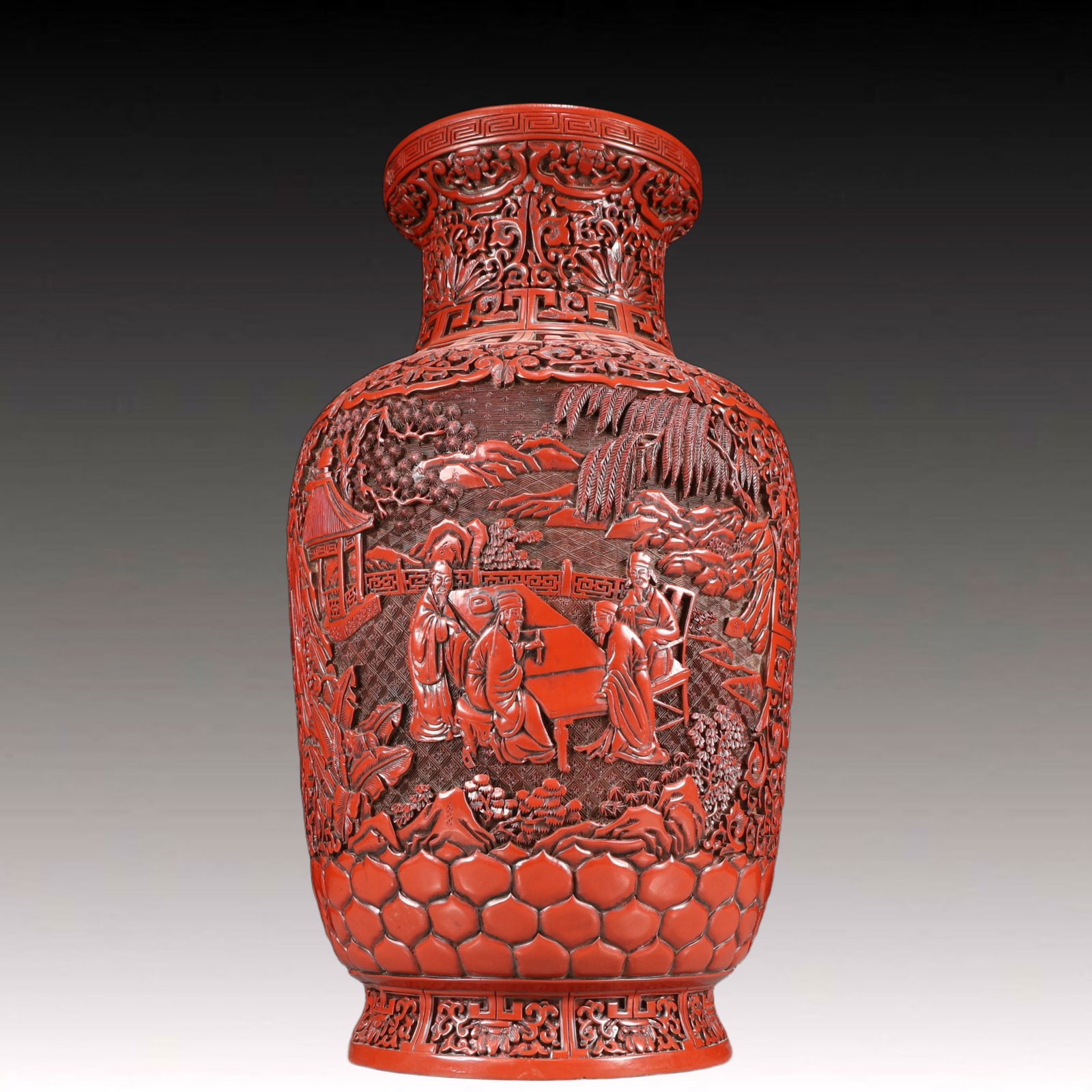 A Huge Carved Red Lacquer Character and Story Pattern Vase: A Huge Carved Red Lacquer Character and Story Pattern Vase,Qing Dynasty, China,Qianlong Six-character Mark,Size:11inx19.7in,Weight:5300g 