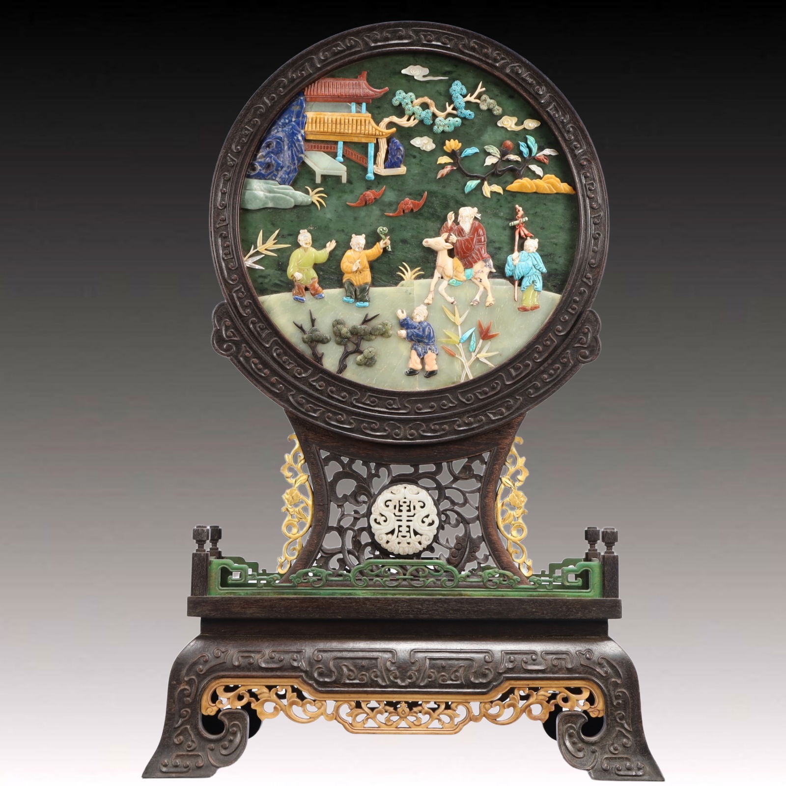 A Rare Zitanwood Inlaid Gems Figure Pattern Table Screen: A Rare Zitanwood Inlaid Gems Figure Pattern Table Screen,Qing Dynasty, China,Size:13.8inx5.9inx22in,Weight:4450g 