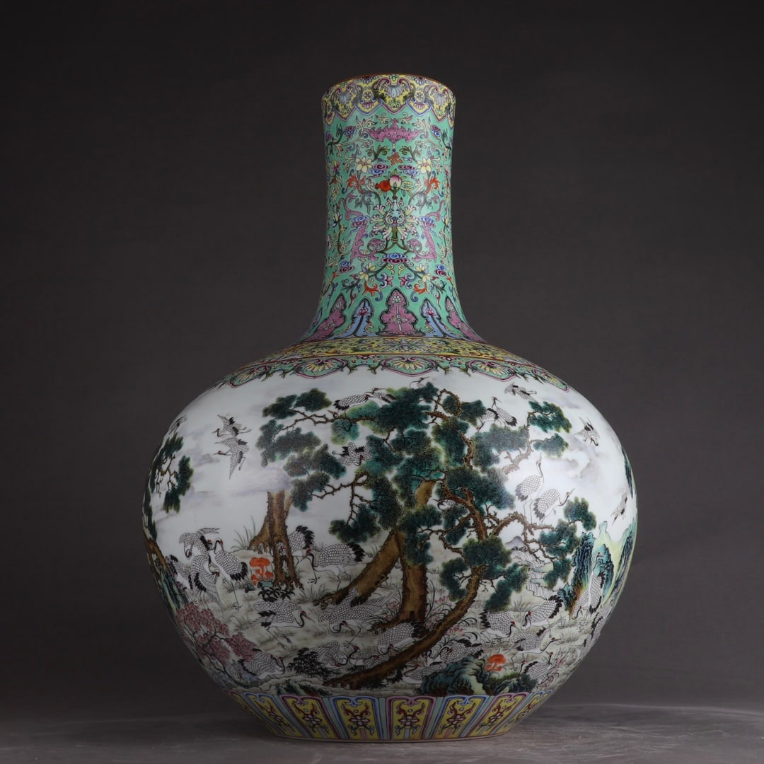 An Exquisite Turquoise Glazed Famille-Rose Pine and Crane Pattern Vase,with poem: An Exquisite Turquoise Glazed Famille-Rose Pine and Crane Pattern Vase,with poem,Qing Dynasty,China,Qianlong Six-character Mark,Size:20.3inx15.2in 