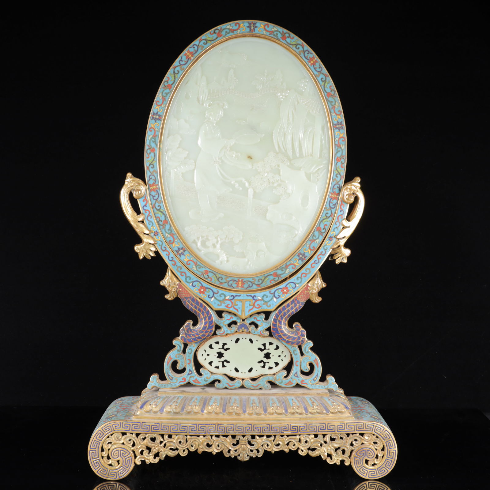 An Exquisite Cloisonne Inlaid White Jade Figure Pattern Table Screen,with poem: An Exquisite Cloisonne Inlaid White Jade Figure Pattern Table Screen,with poem,Qing Dynasty, China,With Mark,Size:22inx14.6inx3.9in,Weight:4100g 
