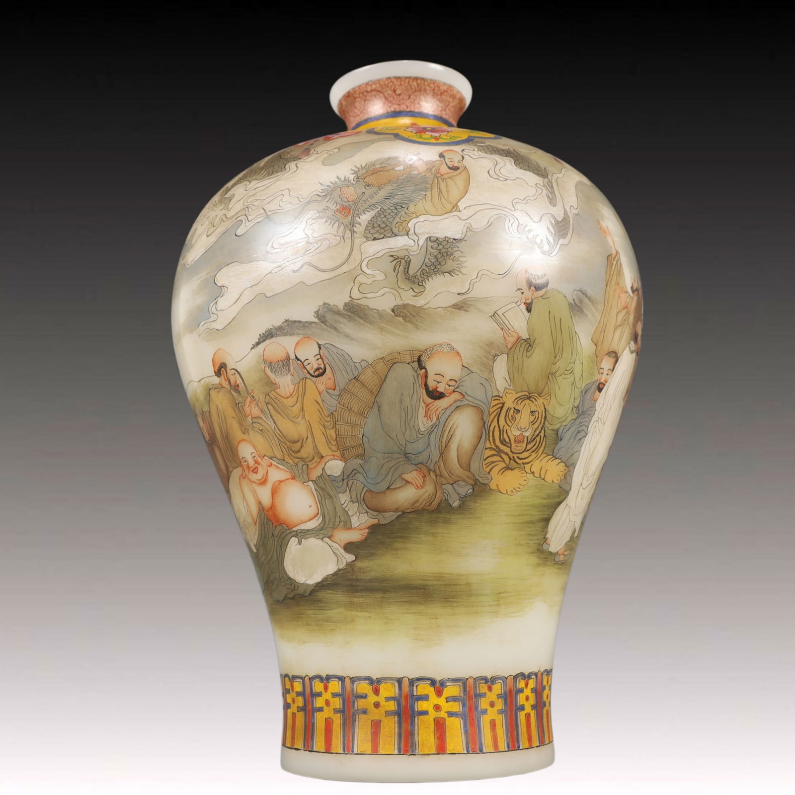 A Precious Coloured glaze Famille-Rose Character and Story Pattern Vase: A Precious Coloured glaze Famille-Rose Character and Story Pattern Vase,Qing Dynasty, China,Qianlong Four-character Mark,Size:7.1inx10.8in Weight:1350g 