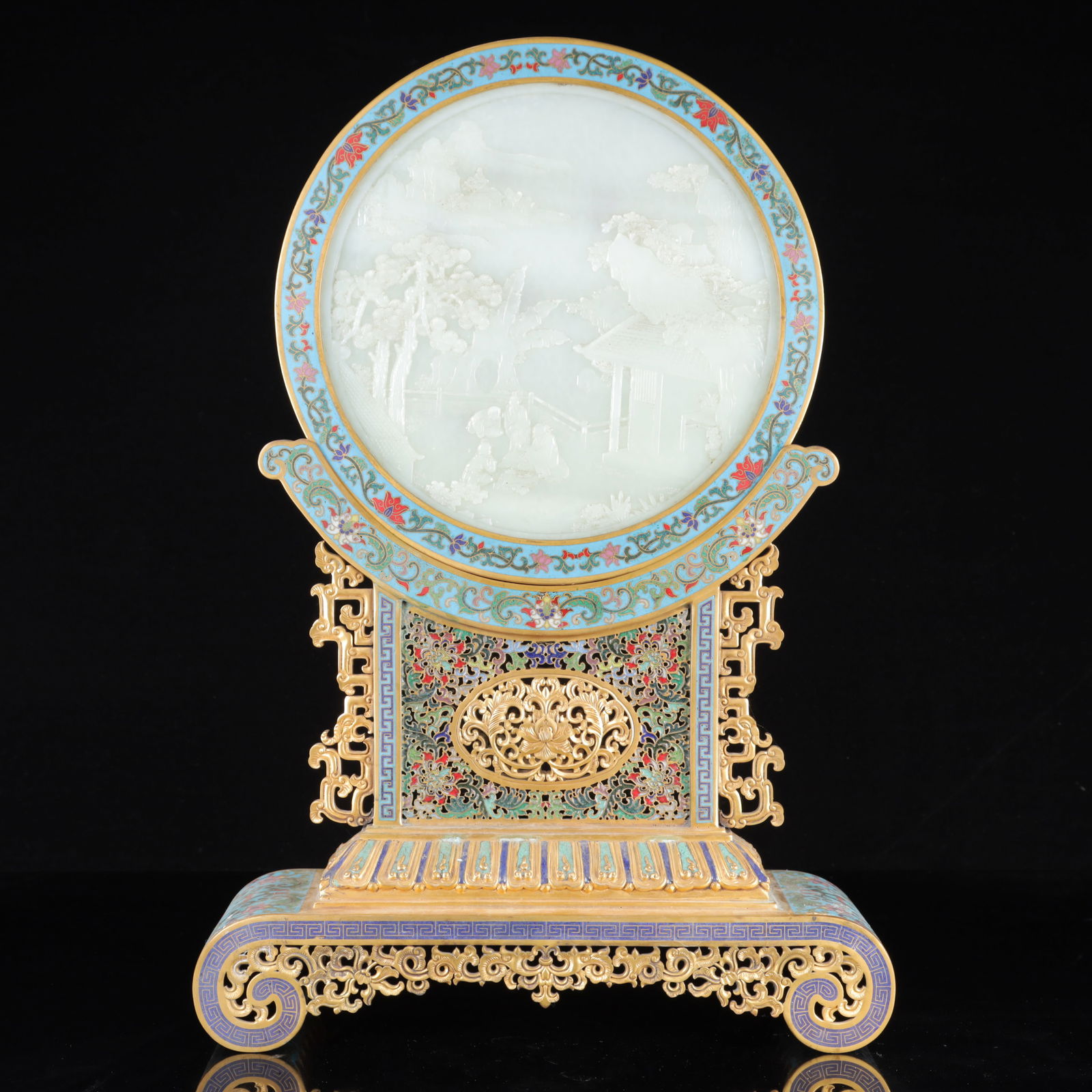 An Exquisite Cloisonne Inlaid White Jade Landscape and Figure Pattern Table Screen,with poem: An Exquisite Cloisonne Inlaid White Jade Landscape and Figure Pattern Table Screen,with poem,Qing Dynasty, China,Qianlong Four-character Mark,Size:17.7inx12.2inx3.5in,Weight:3450g 