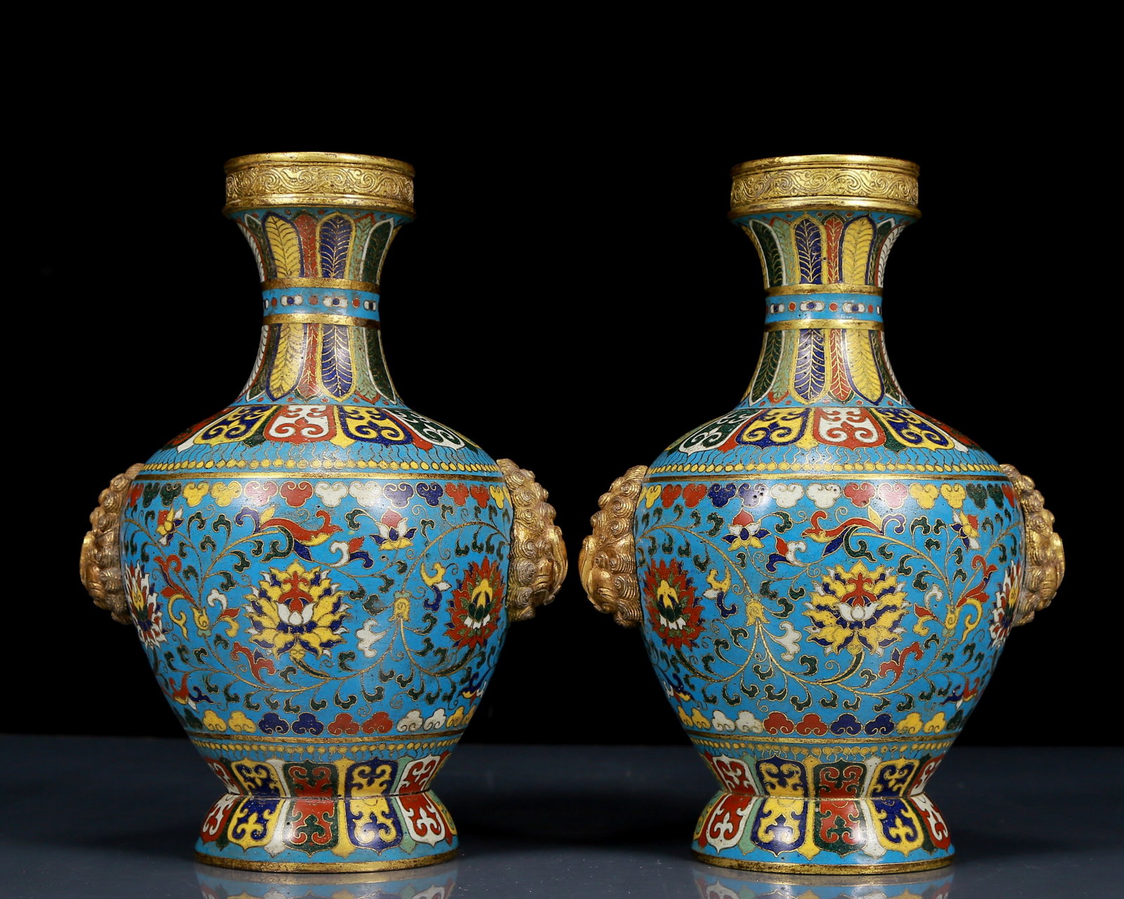 A Pair of Exquisite Cloisonne Lotus Pattern Beast-Ears Vases - 2