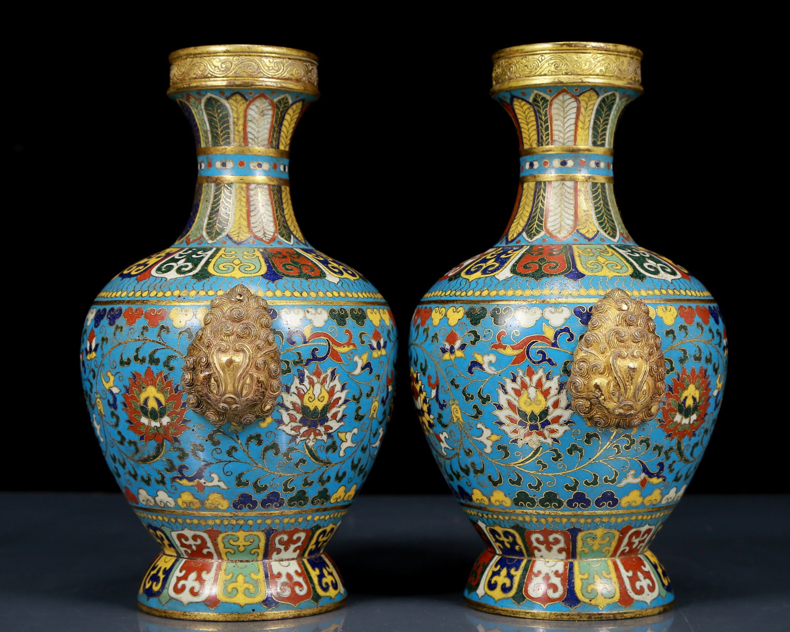 A Pair of Exquisite Cloisonne Lotus Pattern Beast-Ears Vases - 5