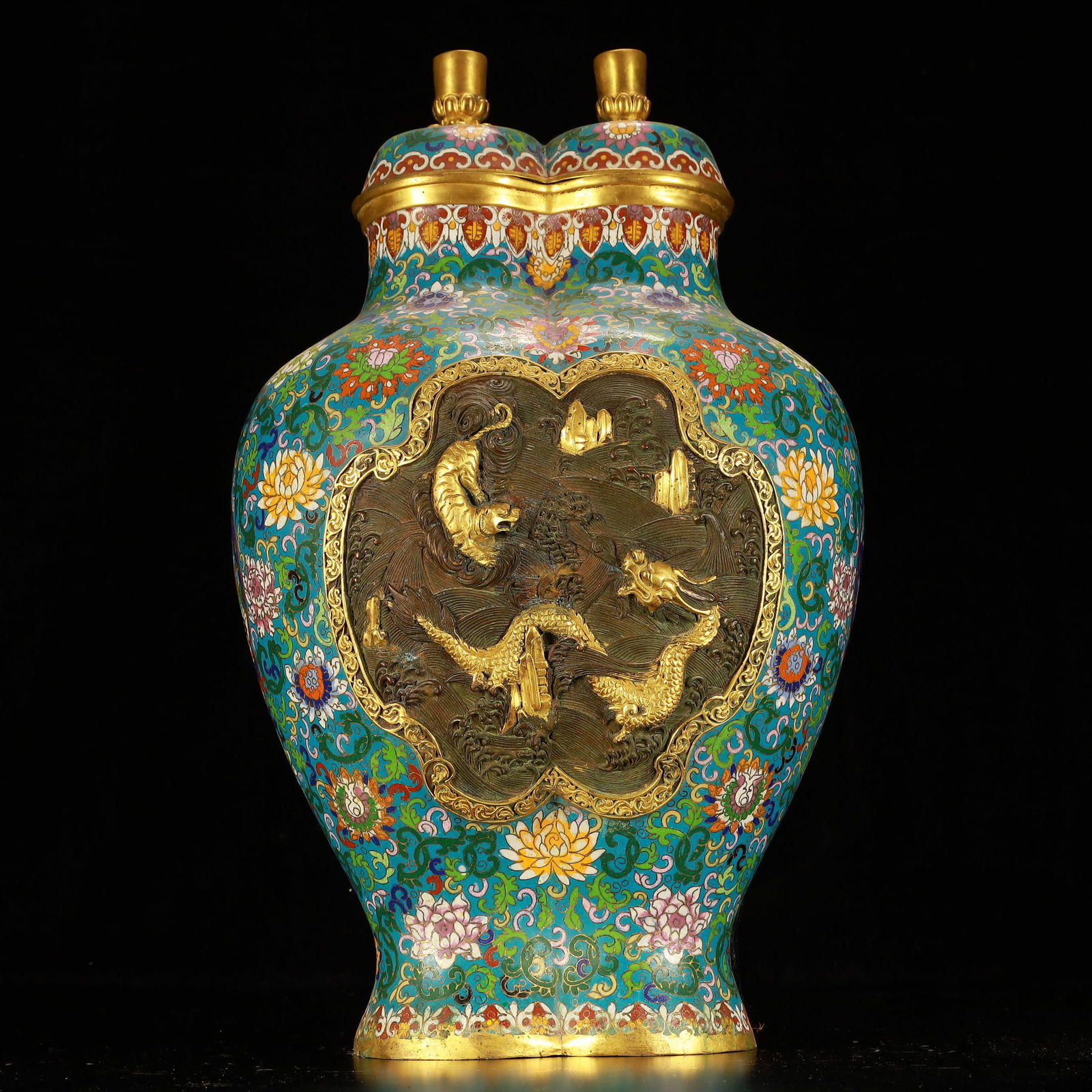 A Huge Cloisonne Lotus and Dragon Pattern Vase: A Huge Cloisonne Lotus and Dragon Pattern Vase,(A type of enamelware with metal wires separating colored glaze, originating in China),Qing Dynasty,China,Qianlong Six-character