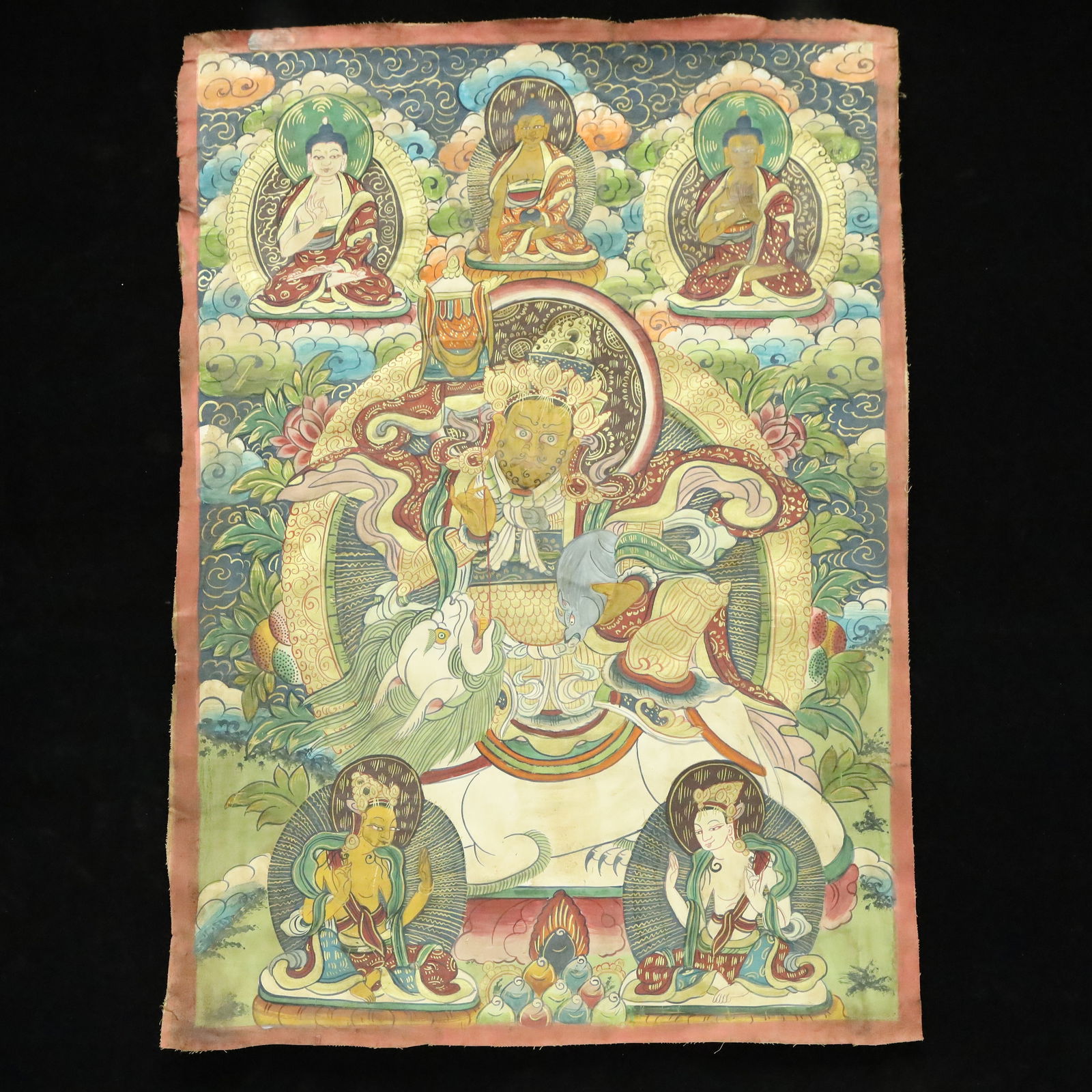 A Rare Brocade Painted Color Statue of Heavenly King Tangka: A Rare Brocade Painted Color Statue of Heavenly King Tangka,Qing Dynasty, China,Size:20.9inx29.1in 