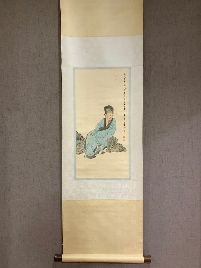 A Chinese Vertical Scroll Ink Painting of Figure on Paper: A Chinese Vertical Scroll Ink Painting of Figure on Paper,Chen Shaomei,Size:25.6inx12.6in 