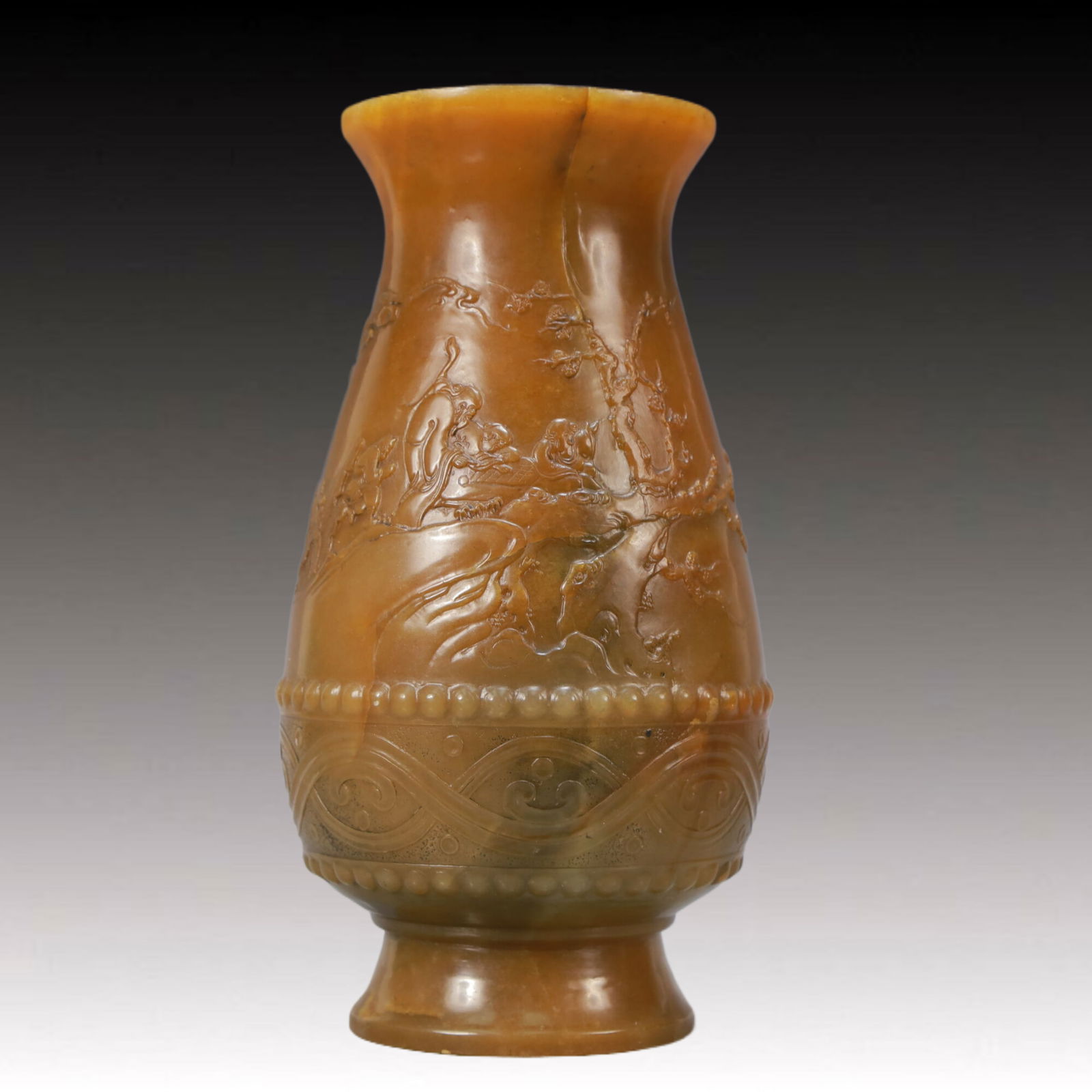 An Exquisite Shoushan Stone Figure Pattern Vase: An Exquisite Shoushan Stone Figure Pattern Vase,Qing Dynasty,China,Qianlong Four-character Mark,Size:9.1inx4.3in,Weight:2350g 寿山石人物纹瓶,中国&