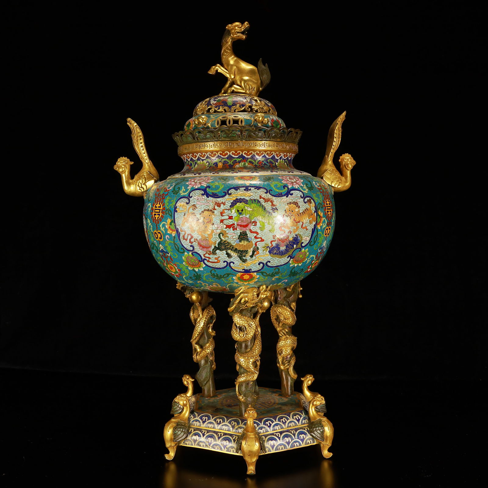 A Huge Cloisonne Lotus Phoenix-Ears and Dragon-Legs Censer: A Huge Cloisonne Lotus Phoenix-Ears and Dragon-Legs Censer,(A type of enamelware with metal wires separating colored glaze, originating in China),Qing Dynasty,China,Qianlong Four-character