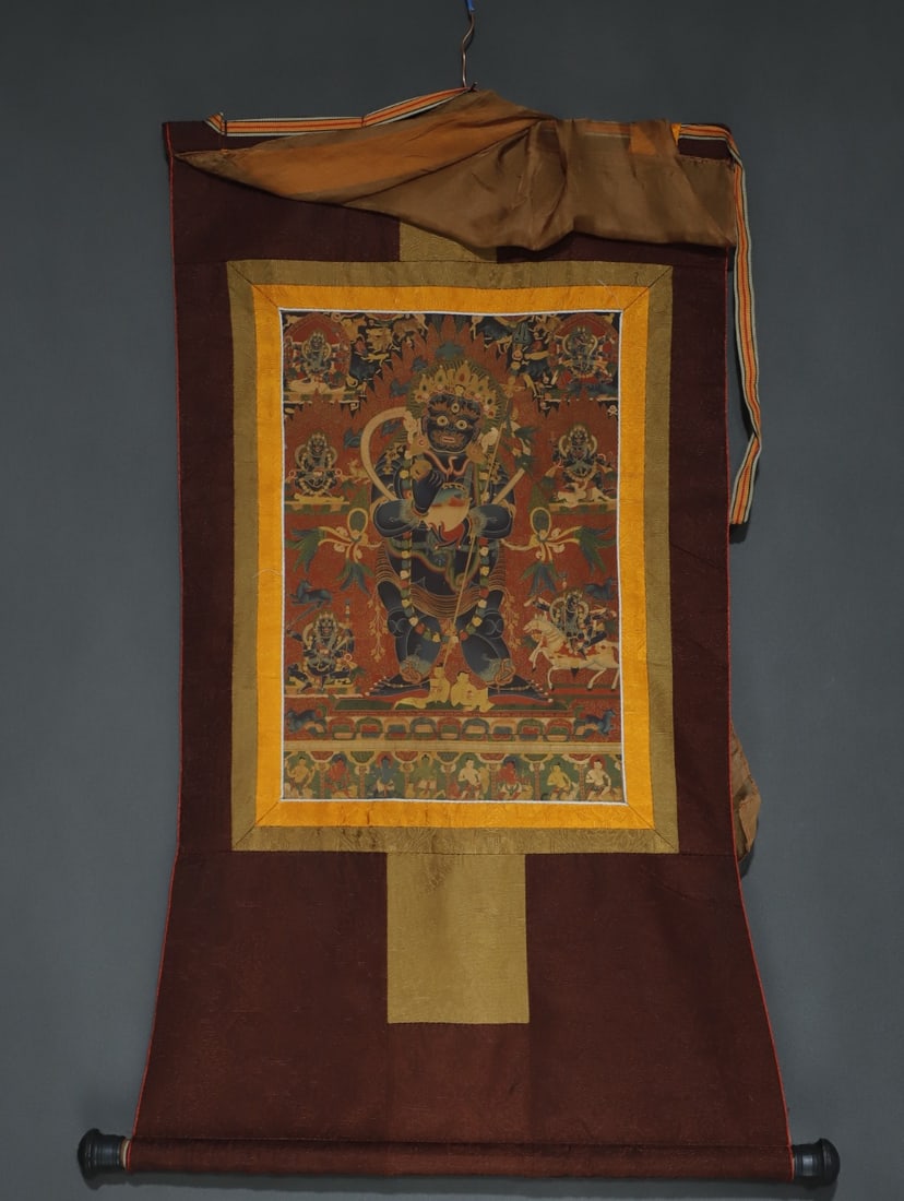 A Rare Brocade Painted Color Statue of Vajra Tangka: A Rare Brocade Painted Color Statue of Vajra Tangka,Qing Dynasty, China,Size:34.6inx18.1in,(Without frame)16.5inx11in 